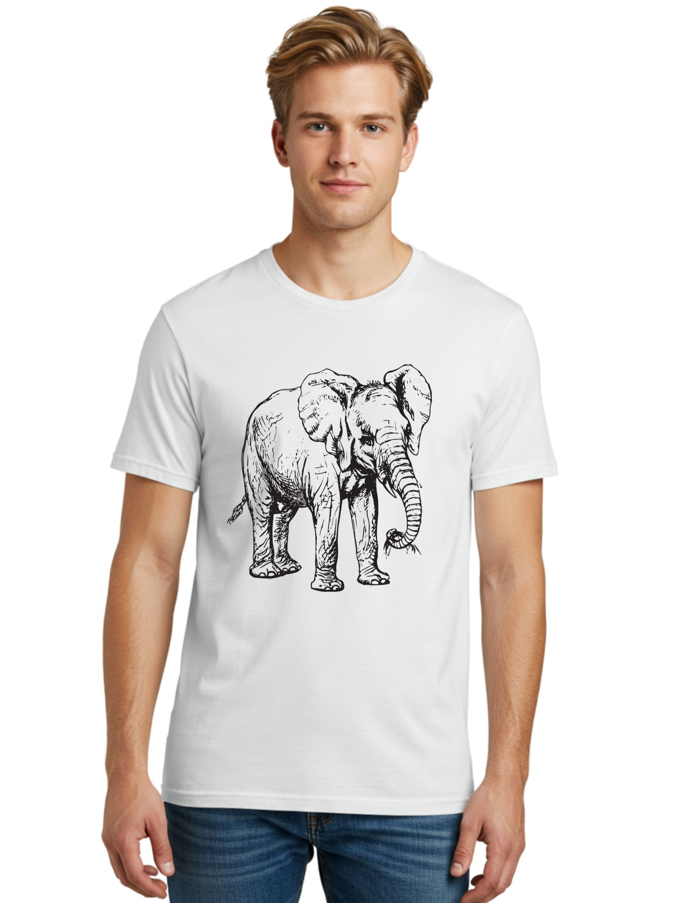 Elephant Men'S Graphic Tee, 100% Cotton, Comfortable Casual Summer Wear, Machine Washable, Black And White Elephant Illustration, Elephant Artwork, Wildlife Graphics, Elephant Design, Detailed Drawing, Cartoon Style Aad880