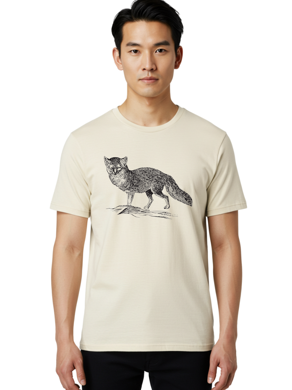 Fox-Illustration Men'S Graphic Tee, 100% Cotton, Comfortable Casual Summer Wear, Machine Washable, Fox Illustration, Wildlife Art, Monochrome Graphic, Natural Scenery, Wildlife Photography, Animal Art, Furry Creature, Forest Animal Aad884
