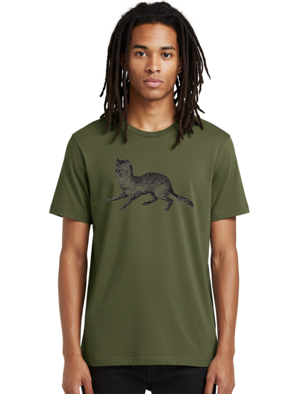 Fox Men'S Graphic Tee, 100% Cotton, Comfortable Casual Summer Wear, Machine Washable, Running Fox, Fox Illustration, Wildlife Art, Black And Green, Dynamic Pose, Cross-Hatching Technique, Furry Texture, Animal Graphics Aad885