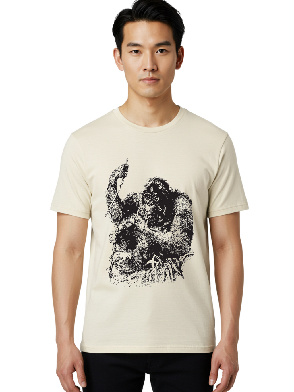 Foxy-Gorilla Men'S Graphic Tee, 100% Cotton, Comfortable Casual Summer Wear, Machine Washable, Gorilla Holding Foxy, Wild Animals, Jungle Creatures, Furry Friends, Animal Graphics, Wildlife Art, Primal Scene, Savage Beast Aad886