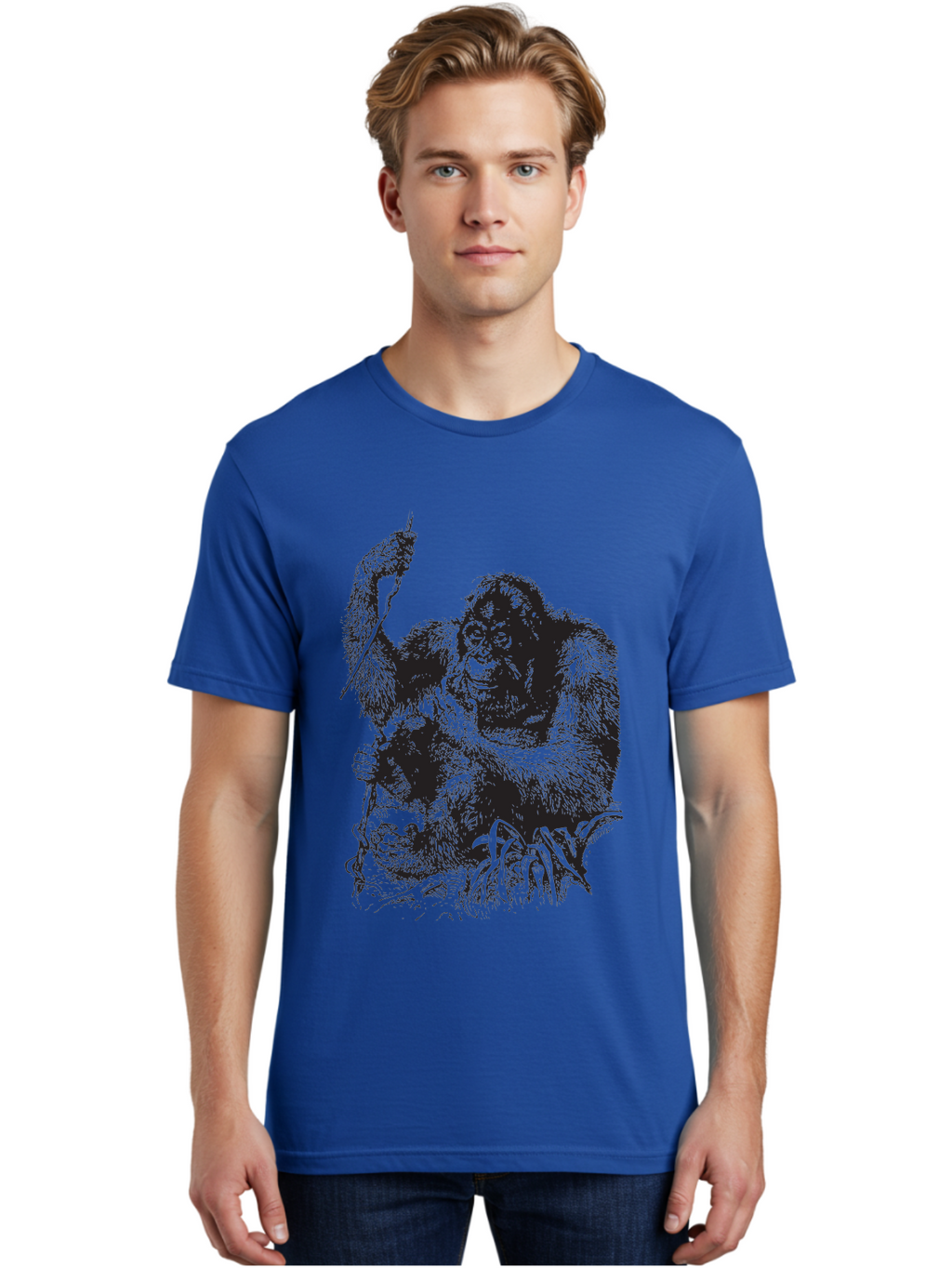 Foxy-Gorilla Men'S Graphic Tee, 100% Cotton, Comfortable Casual Summer Wear, Machine Washable, Gorilla Holding Foxy, Wild Animals, Jungle Creatures, Furry Friends, Animal Graphics, Wildlife Art, Primal Scene, Savage Beast Aad886