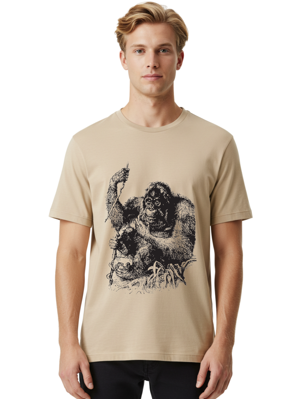 Foxy-Gorilla Men'S Graphic Tee, 100% Cotton, Comfortable Casual Summer Wear, Machine Washable, Gorilla Holding Foxy, Wild Animals, Jungle Creatures, Furry Friends, Animal Graphics, Wildlife Art, Primal Scene, Savage Beast Aad886