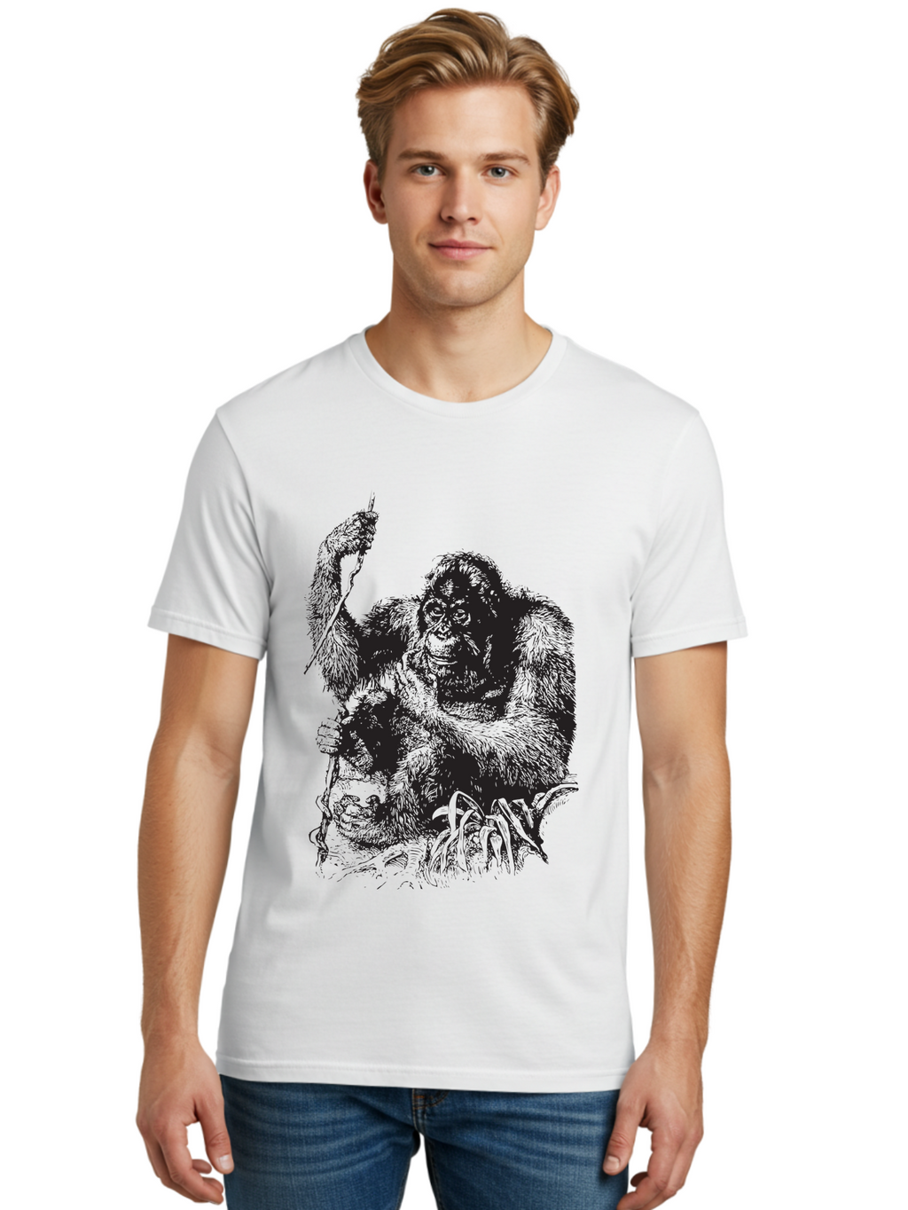 Foxy-Gorilla Men'S Graphic Tee, 100% Cotton, Comfortable Casual Summer Wear, Machine Washable, Gorilla Holding Foxy, Wild Animals, Jungle Creatures, Furry Friends, Animal Graphics, Wildlife Art, Primal Scene, Savage Beast Aad886