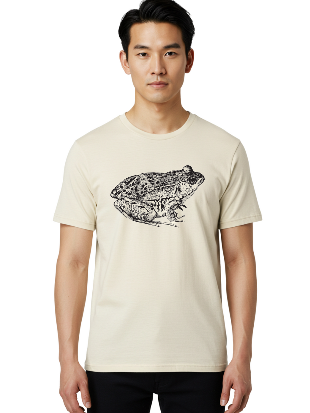 Frog-Illustration Men'S Graphic Tee, 100% Cotton, Comfortable Casual Summer Wear, Machine Washable, Frog, Toad, Amphibian, Illustration, Detailed Drawing, Wildlife Art, Nature, Animal, Black Lines Aad887