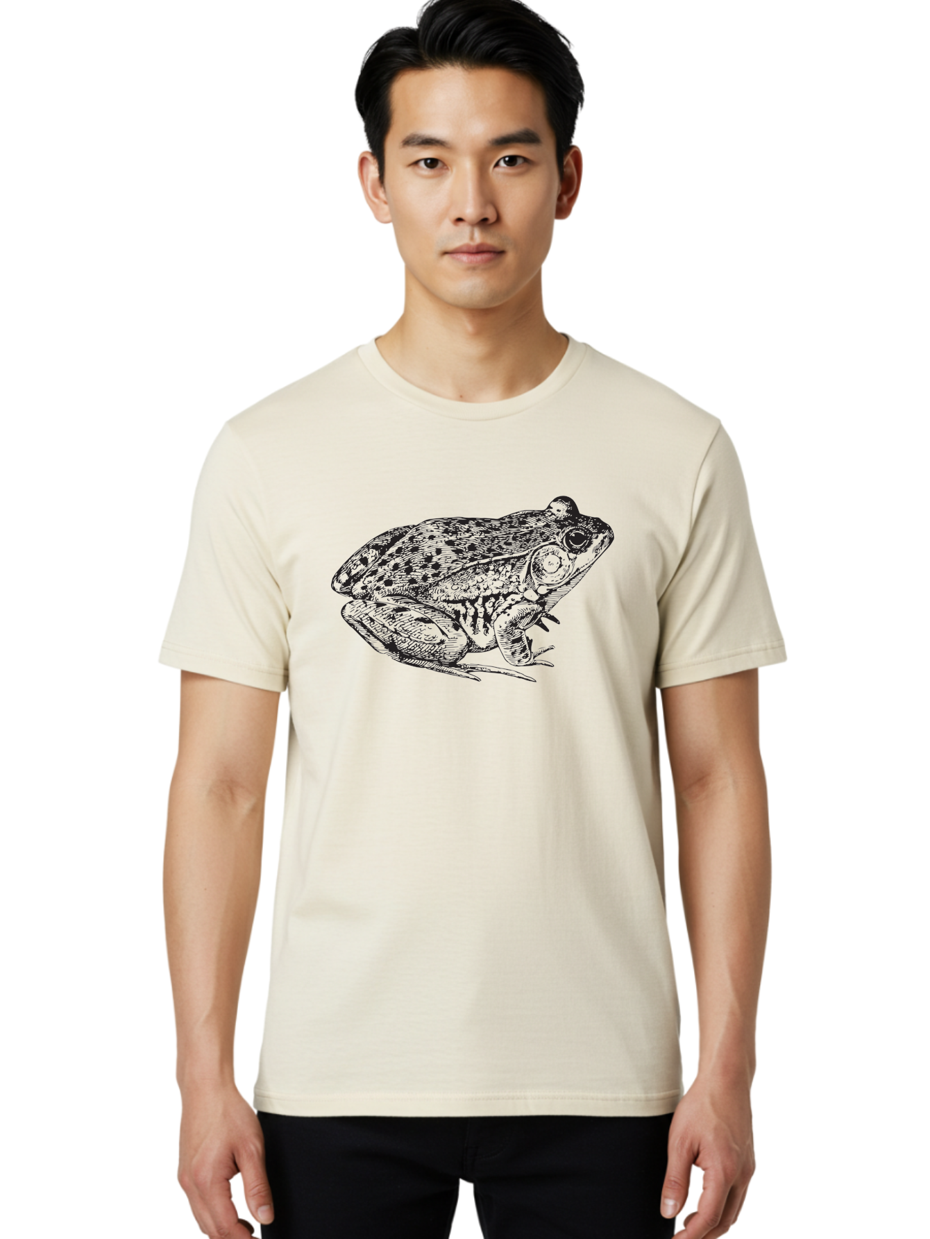 Frog-Illustration Men'S Graphic Tee, 100% Cotton, Comfortable Casual Summer Wear, Machine Washable, Frog, Toad, Amphibian, Illustration, Detailed Drawing, Wildlife Art, Nature, Animal, Black Lines Aad887