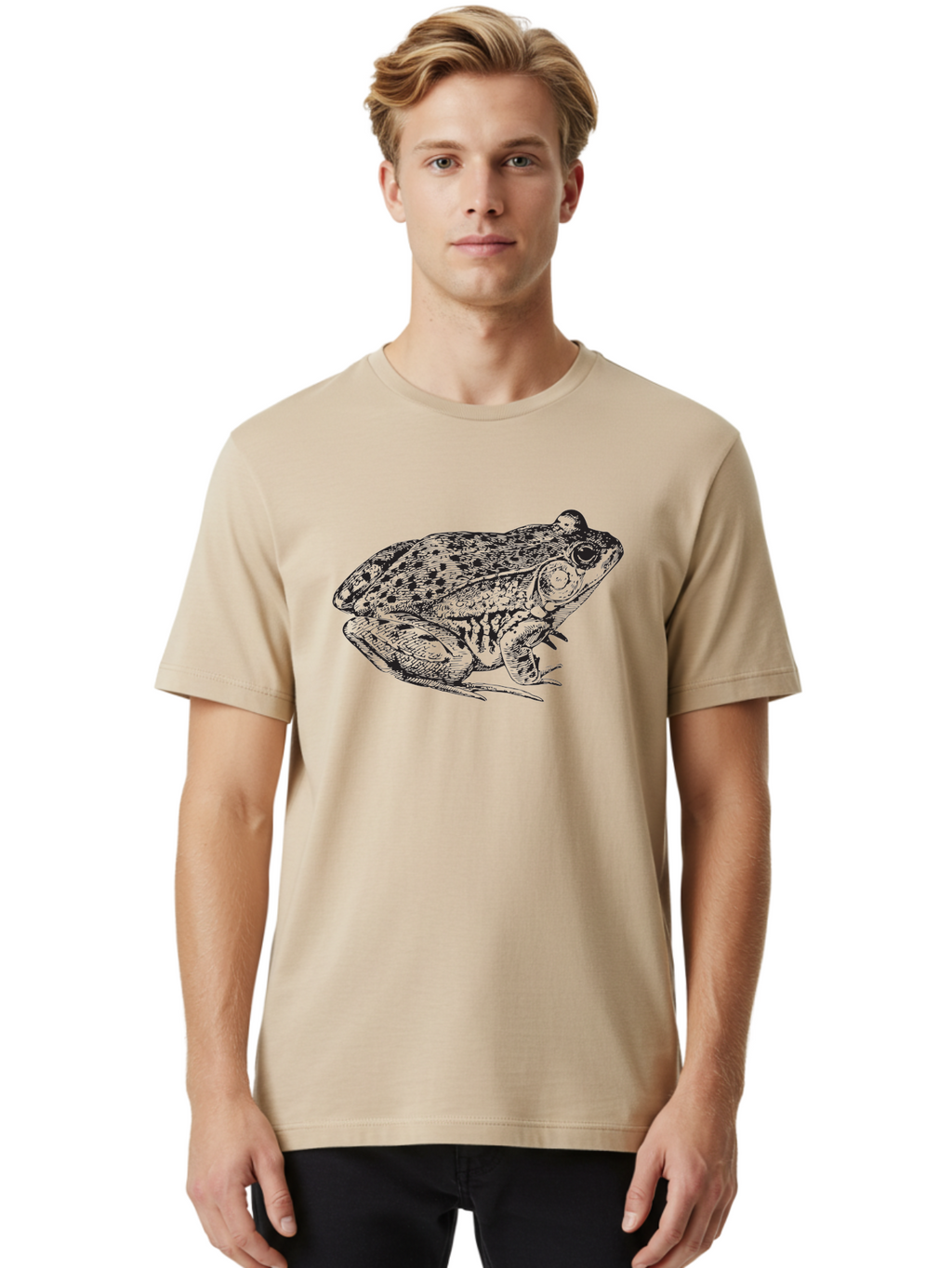 Frog-Illustration Men'S Graphic Tee, 100% Cotton, Comfortable Casual Summer Wear, Machine Washable, Frog, Toad, Amphibian, Illustration, Detailed Drawing, Wildlife Art, Nature, Animal, Black Lines Aad887