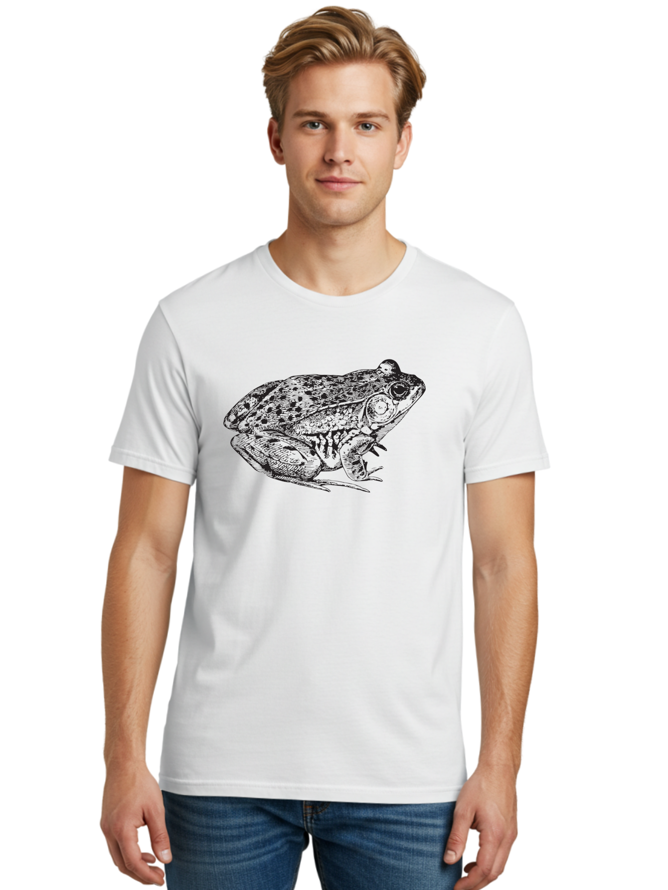 Frog-Illustration Men'S Graphic Tee, 100% Cotton, Comfortable Casual Summer Wear, Machine Washable, Frog, Toad, Amphibian, Illustration, Detailed Drawing, Wildlife Art, Nature, Animal, Black Lines Aad887
