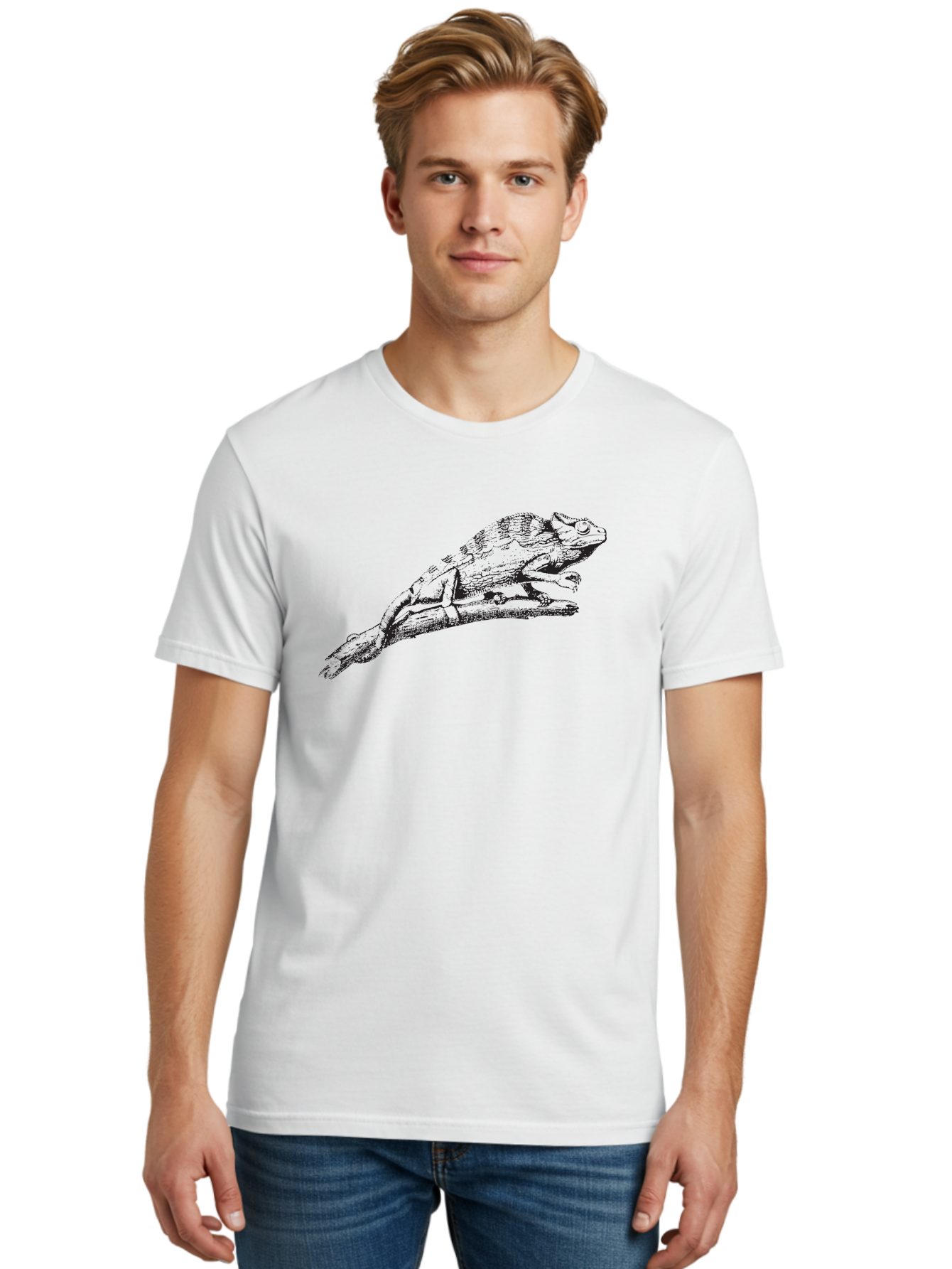Frog-On-Branch Men'S Graphic Tee, 100% Cotton, Comfortable Casual Summer Wear, Machine Washable, Frog On A Branch, Wildlife, Amphibian, Nature, Animal, Natural Habitat, Serene, Black And Green, Illustration, Detailed Artwork, Textured Drawing, Aad888