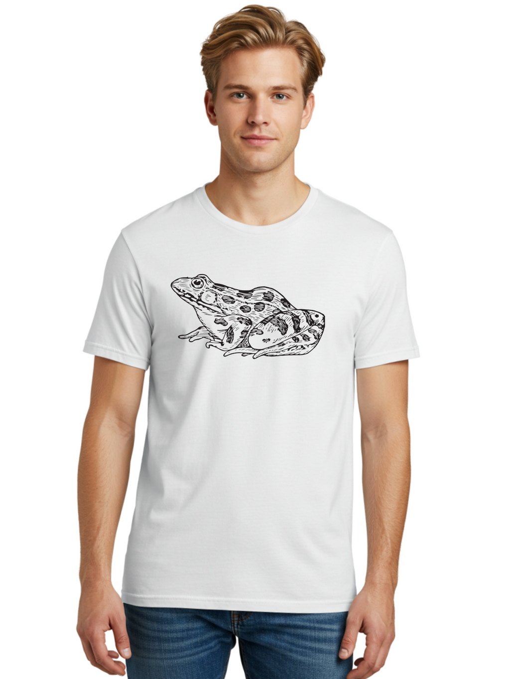 Frog Men'S Graphic Tee, 100% Cotton, Comfortable Casual Summer Wear, Machine Washable, Detailed Illustration, Frog Artwork, Black And Green, Amphibian, Wildlife, Animal Art, Nature Graphic Aad889