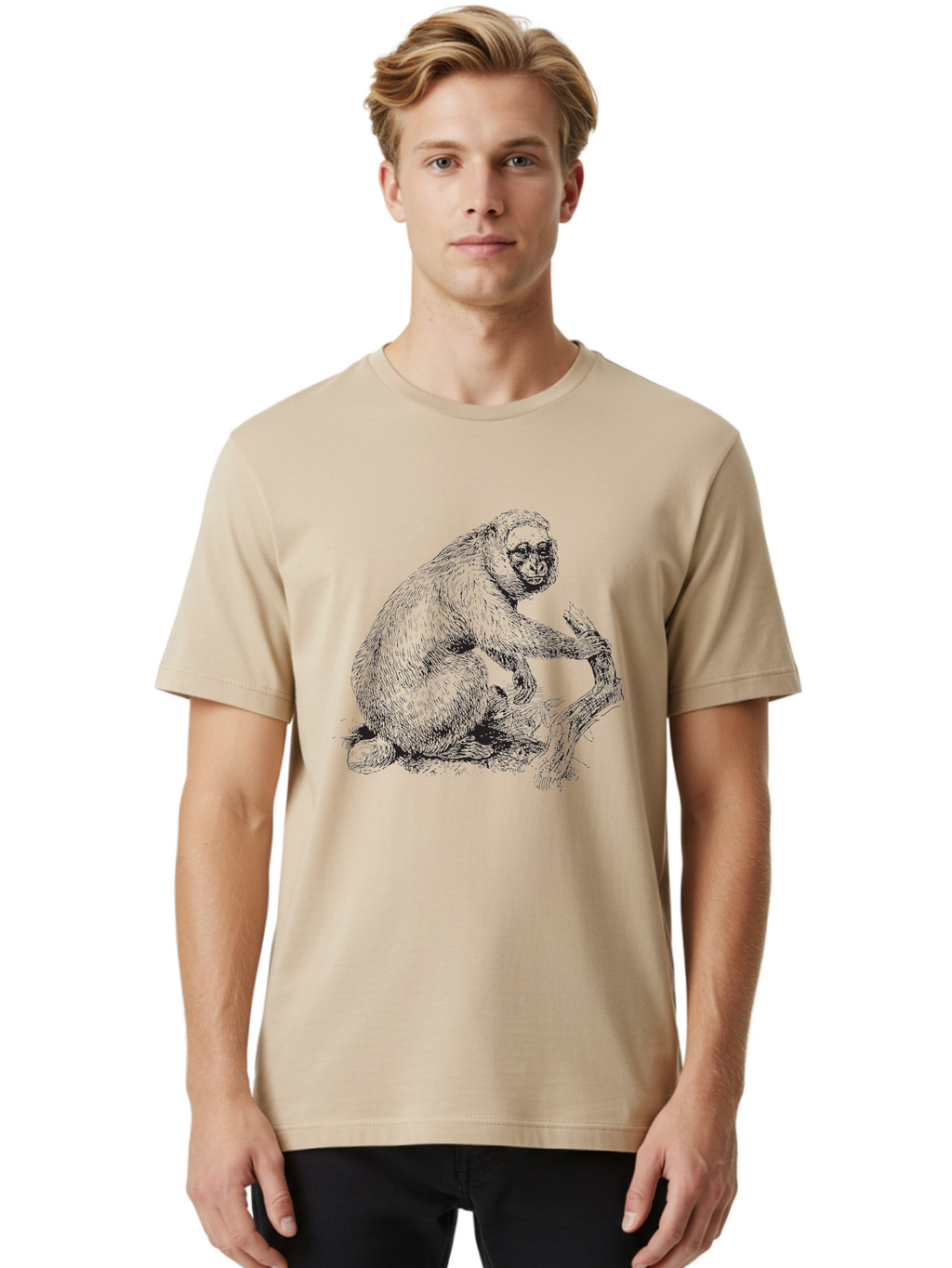 Gibbon Men'S Graphic Tee, 100% Cotton, Comfortable Casual Summer Wear, Machine Washable, Gorilla Illustration, Monkey Drawing, Primate Art, Wildlife Graphic, Furry Texture, Detailed Strokes, Wildlife Illustration Aad891