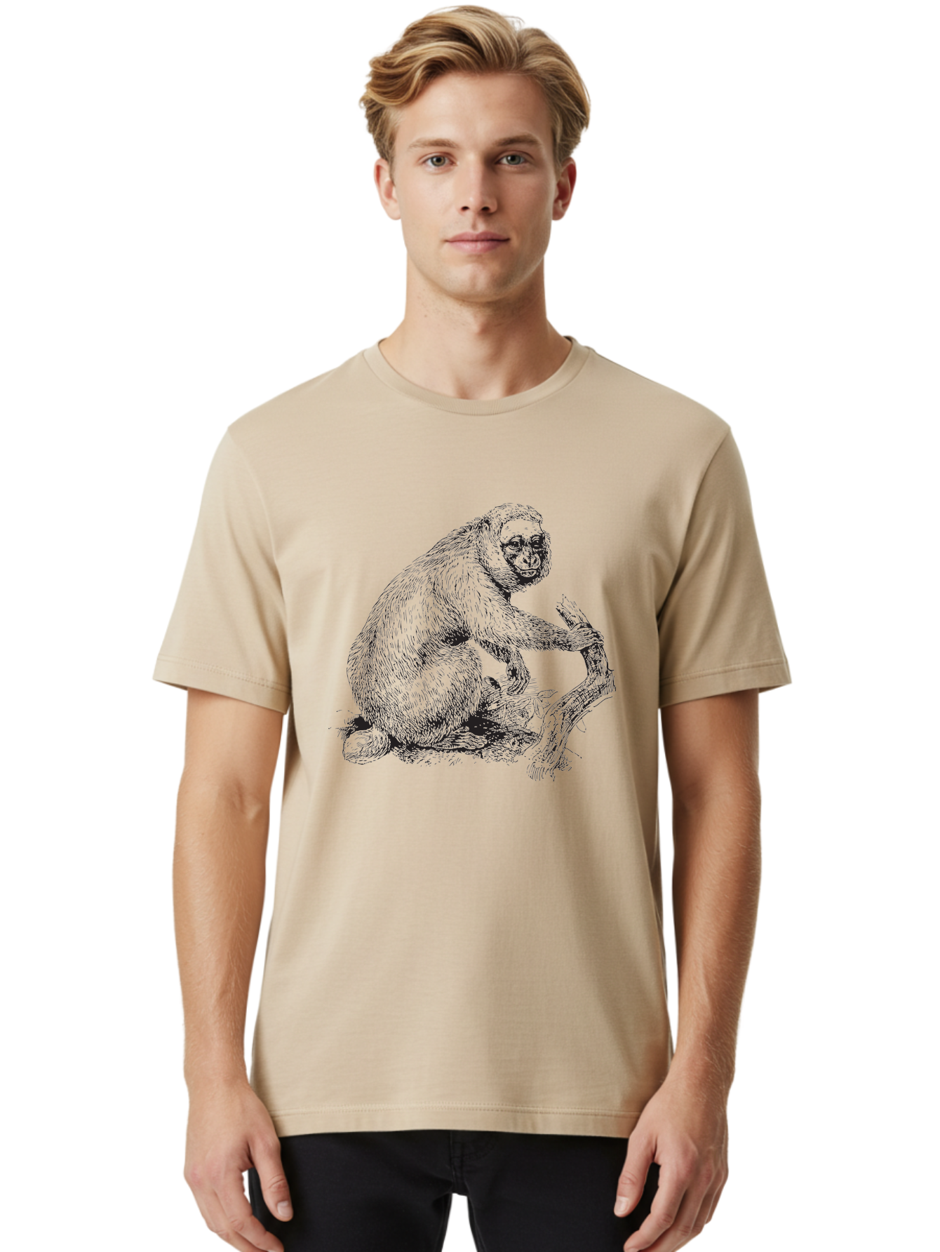 Gibbon Men'S Graphic Tee, 100% Cotton, Comfortable Casual Summer Wear, Machine Washable, Gorilla Illustration, Monkey Drawing, Primate Art, Wildlife Graphic, Furry Texture, Detailed Strokes, Wildlife Illustration Aad891