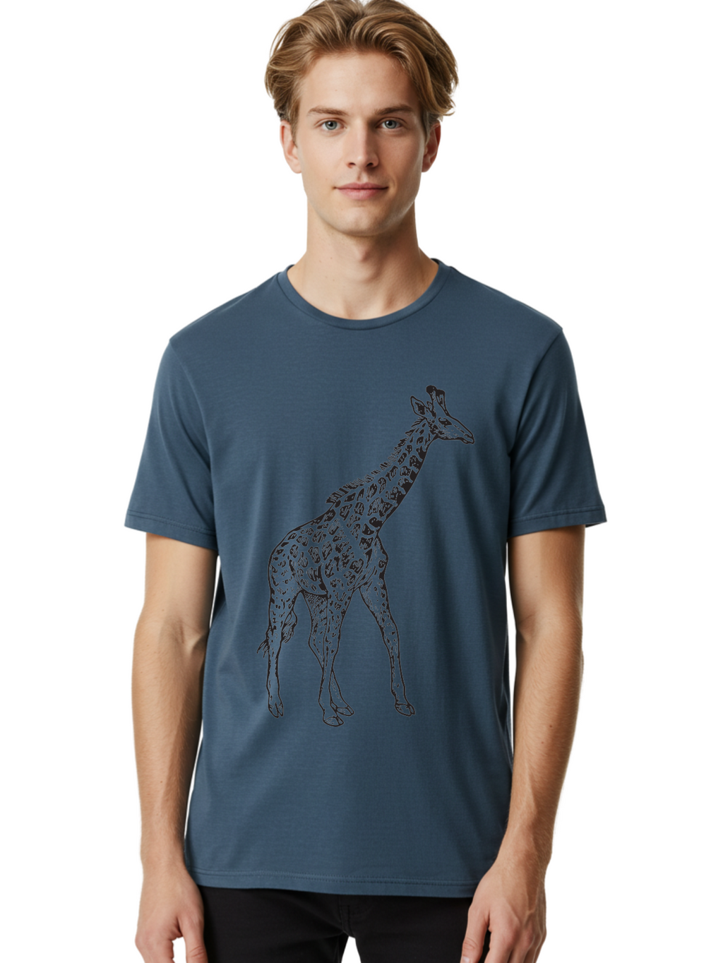 Giraffe Men'S Graphic Tee, 100% Cotton, Comfortable Casual Summer Wear, Machine Washable, Giraffe Illustration, Safari Animal, Wildlife Graphic, Spotted Fur, Tall Mammal, Cartoon Style, Simple Design, Black Outline Aad893