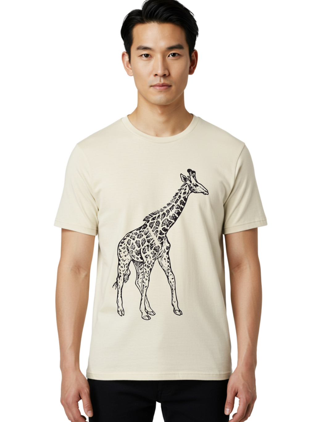 Giraffe Men'S Graphic Tee, 100% Cotton, Comfortable Casual Summer Wear, Machine Washable, Giraffe Illustration, Safari Animal, Wildlife Graphic, Spotted Fur, Tall Mammal, Cartoon Style, Simple Design, Black Outline Aad893