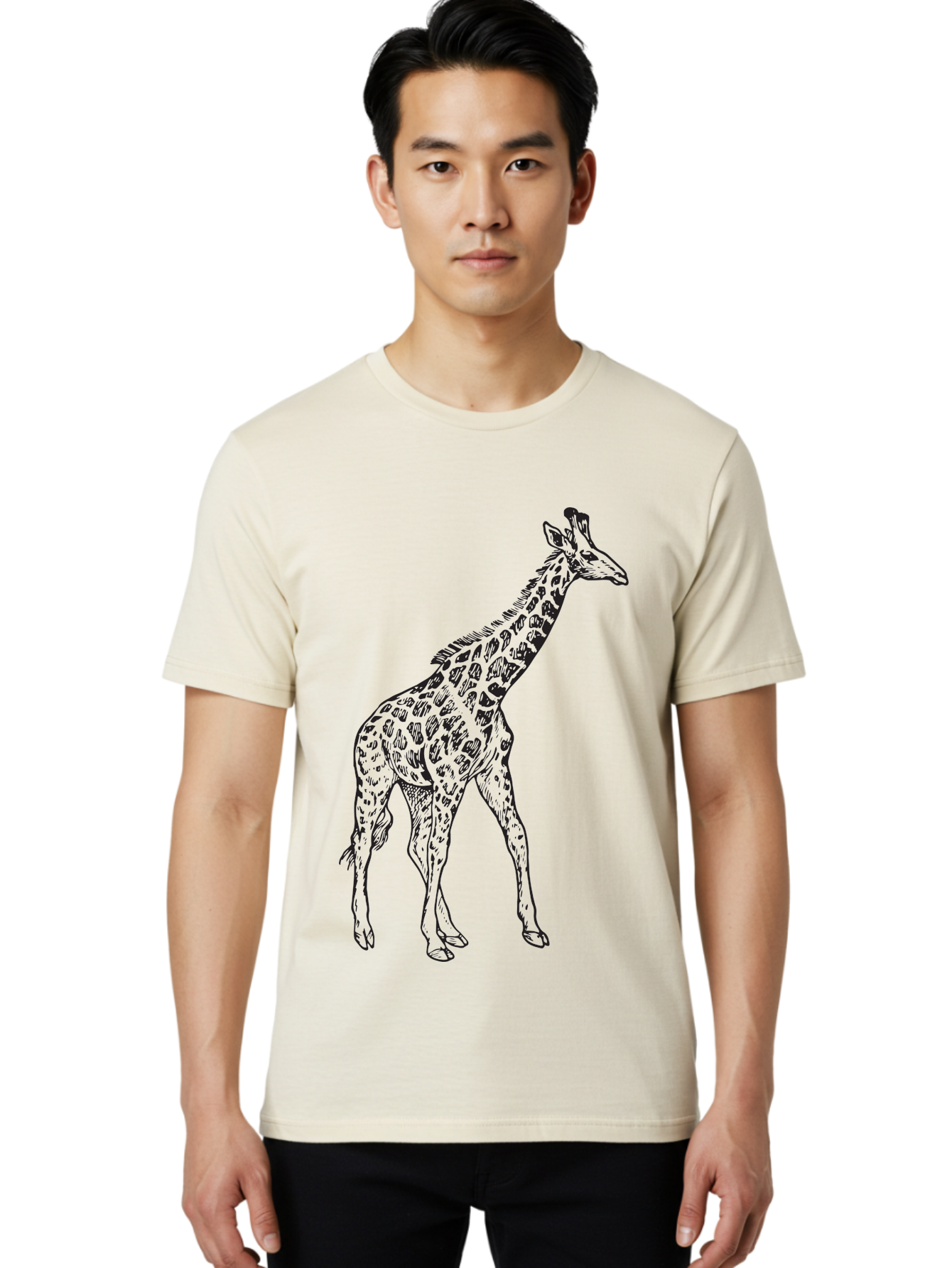 Giraffe Men'S Graphic Tee, 100% Cotton, Comfortable Casual Summer Wear, Machine Washable, Giraffe Illustration, Safari Animal, Wildlife Graphic, Spotted Fur, Tall Mammal, Cartoon Style, Simple Design, Black Outline Aad893