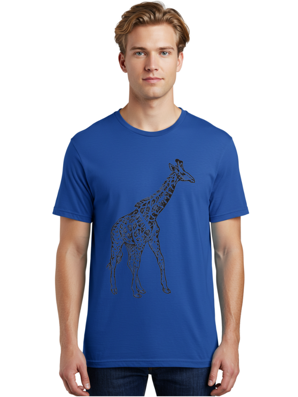 Giraffe Men'S Graphic Tee, 100% Cotton, Comfortable Casual Summer Wear, Machine Washable, Giraffe Illustration, Safari Animal, Wildlife Graphic, Spotted Fur, Tall Mammal, Cartoon Style, Simple Design, Black Outline Aad893