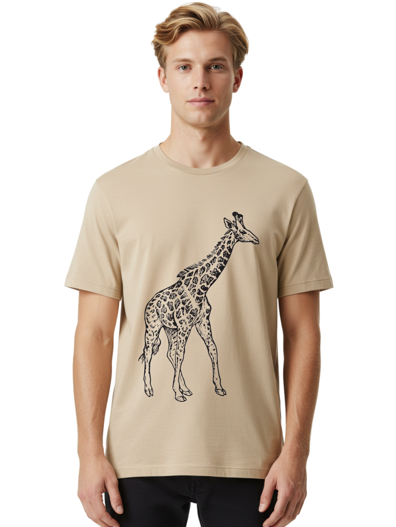 Giraffe Men'S Graphic Tee, 100% Cotton, Comfortable Casual Summer Wear, Machine Washable, Giraffe Illustration, Safari Animal, Wildlife Graphic, Spotted Fur, Tall Mammal, Cartoon Style, Simple Design, Black Outline Aad893