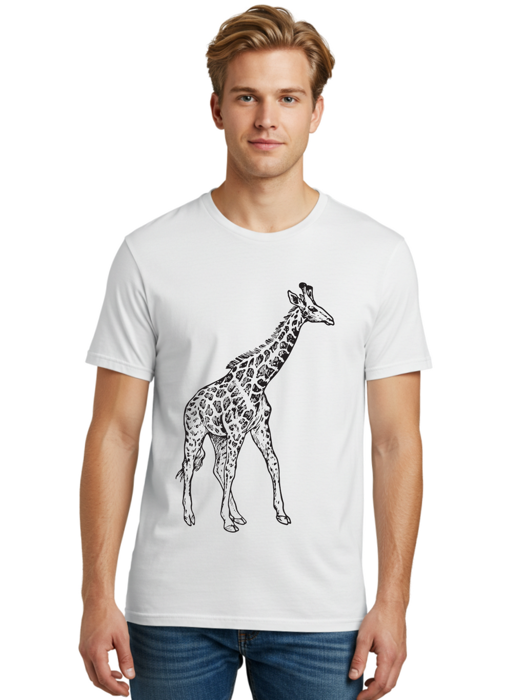 Giraffe Men'S Graphic Tee, 100% Cotton, Comfortable Casual Summer Wear, Machine Washable, Giraffe Illustration, Safari Animal, Wildlife Graphic, Spotted Fur, Tall Mammal, Cartoon Style, Simple Design, Black Outline Aad893