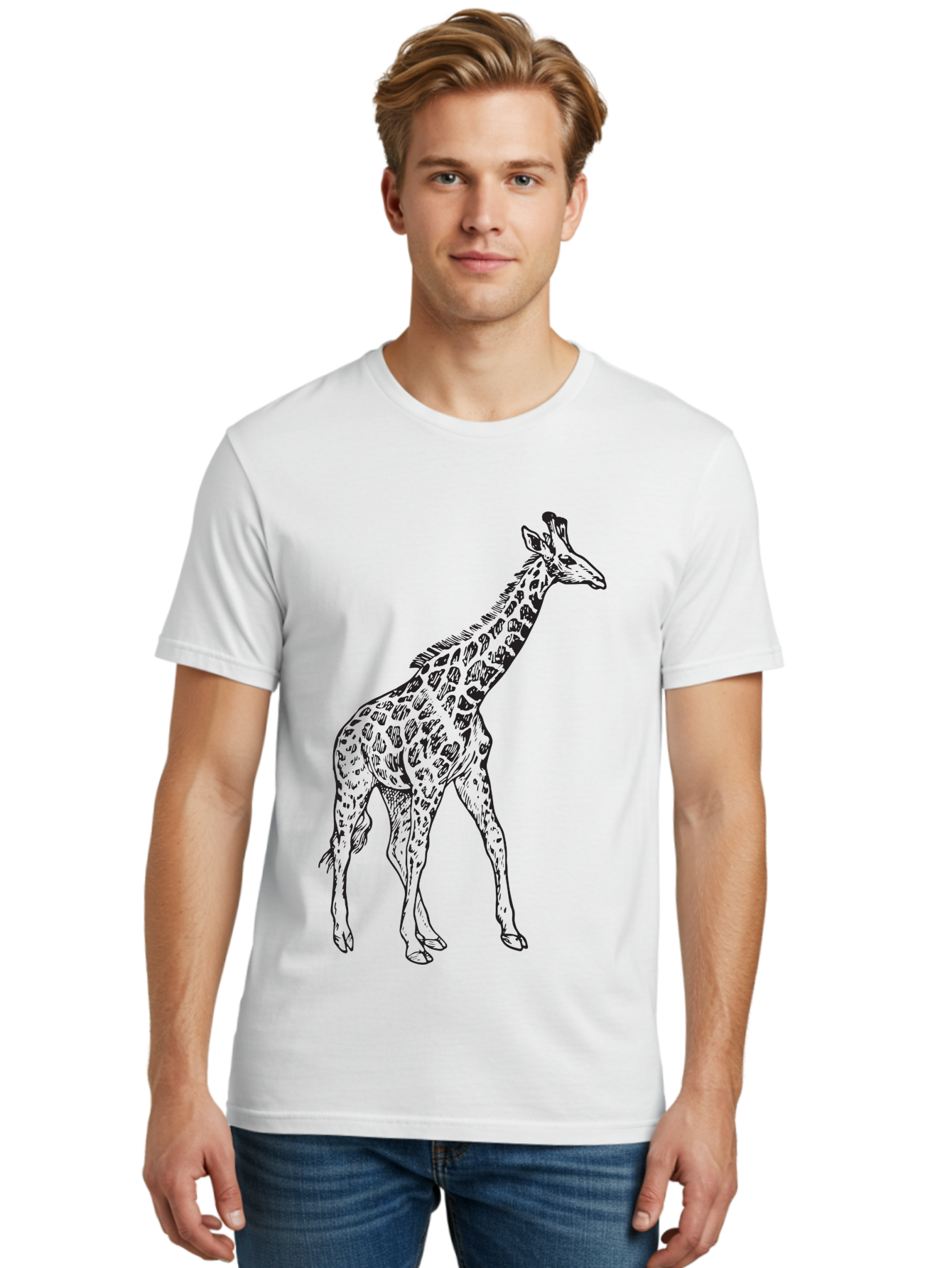 Giraffe Men'S Graphic Tee, 100% Cotton, Comfortable Casual Summer Wear, Machine Washable, Giraffe Illustration, Safari Animal, Wildlife Graphic, Spotted Fur, Tall Mammal, Cartoon Style, Simple Design, Black Outline Aad893