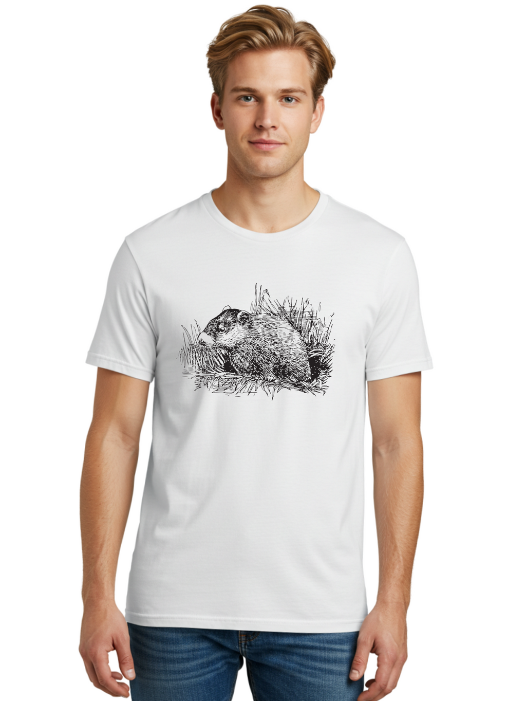 Groundhog-In-Grass Men'S Graphic Tee, 100% Cotton, Comfortable Casual Summer Wear, Machine Washable, Groundhog In Grass, Wildlife Illustration, Rodent Artwork, Black And White Drawing, Furry Animal, Hatching Season, Springtime Symbol, Aad895