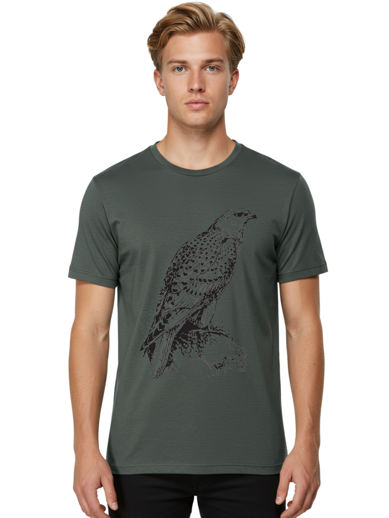 Hawk Men'S Graphic Tee, 100% Cotton, Comfortable Casual Summer Wear, Machine Washable, Bird Of Prey, Hawk Illustration, Spotted Feathers, Sharp Beak, Perched On Branch, Wildlife Art, Raptor, Engraving Style, Majestic Bird, Nature Design Aad896