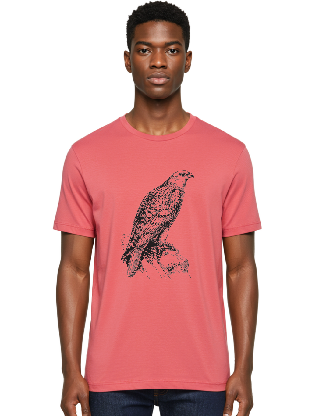 Hawk Men'S Graphic Tee, 100% Cotton, Comfortable Casual Summer Wear, Machine Washable, Bird Of Prey, Hawk Illustration, Spotted Feathers, Sharp Beak, Perched On Branch, Wildlife Art, Raptor, Engraving Style, Majestic Bird, Nature Design Aad896
