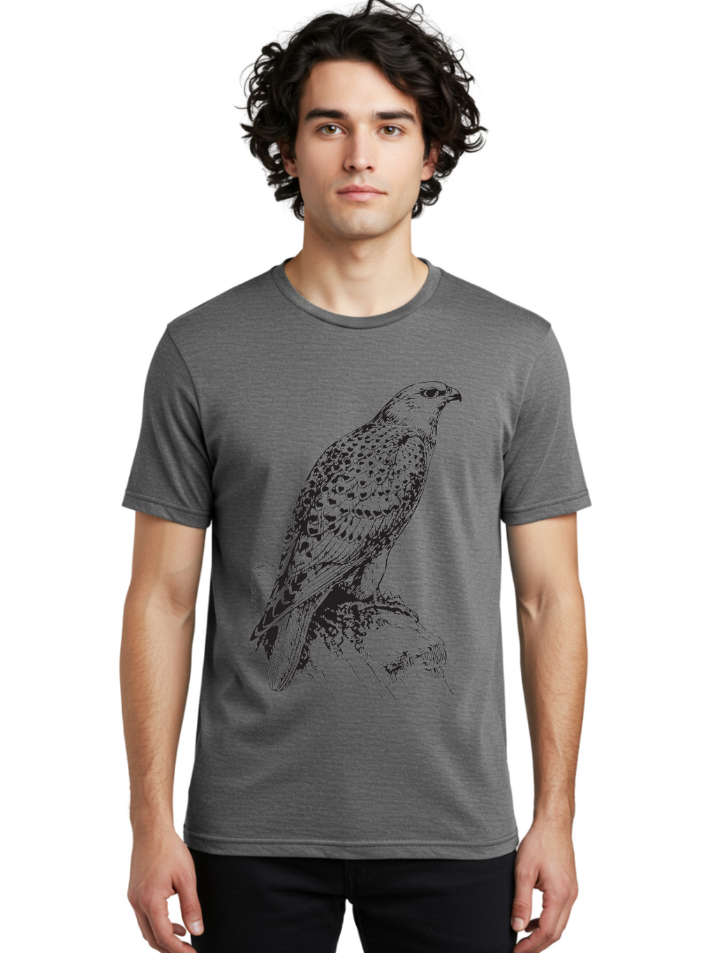 Hawk Men'S Graphic Tee, 100% Cotton, Comfortable Casual Summer Wear, Machine Washable, Bird Of Prey, Hawk Illustration, Spotted Feathers, Sharp Beak, Perched On Branch, Wildlife Art, Raptor, Engraving Style, Majestic Bird, Nature Design Aad896