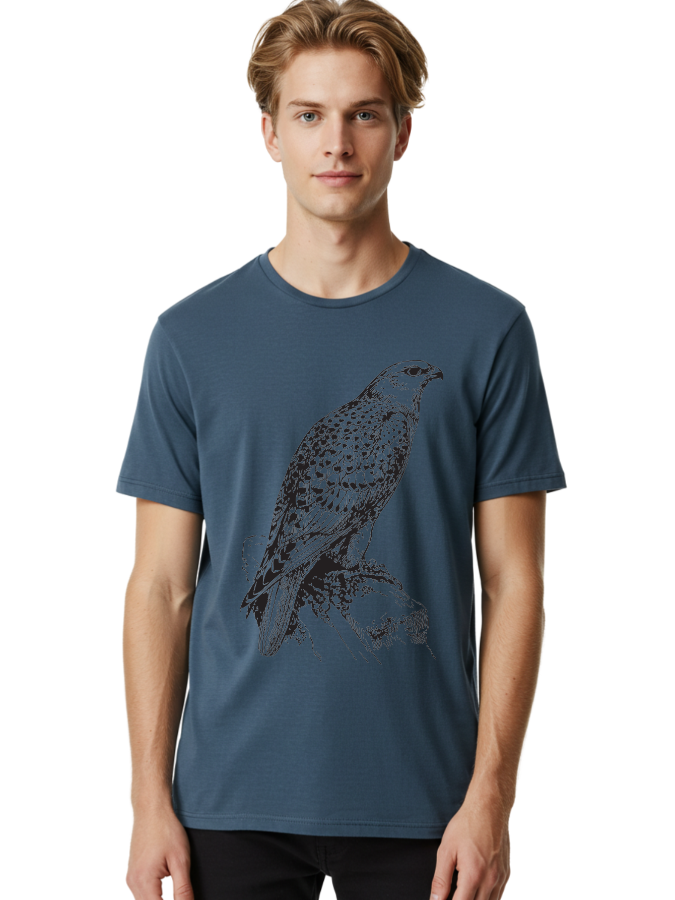 Hawk Men'S Graphic Tee, 100% Cotton, Comfortable Casual Summer Wear, Machine Washable, Bird Of Prey, Hawk Illustration, Spotted Feathers, Sharp Beak, Perched On Branch, Wildlife Art, Raptor, Engraving Style, Majestic Bird, Nature Design Aad896