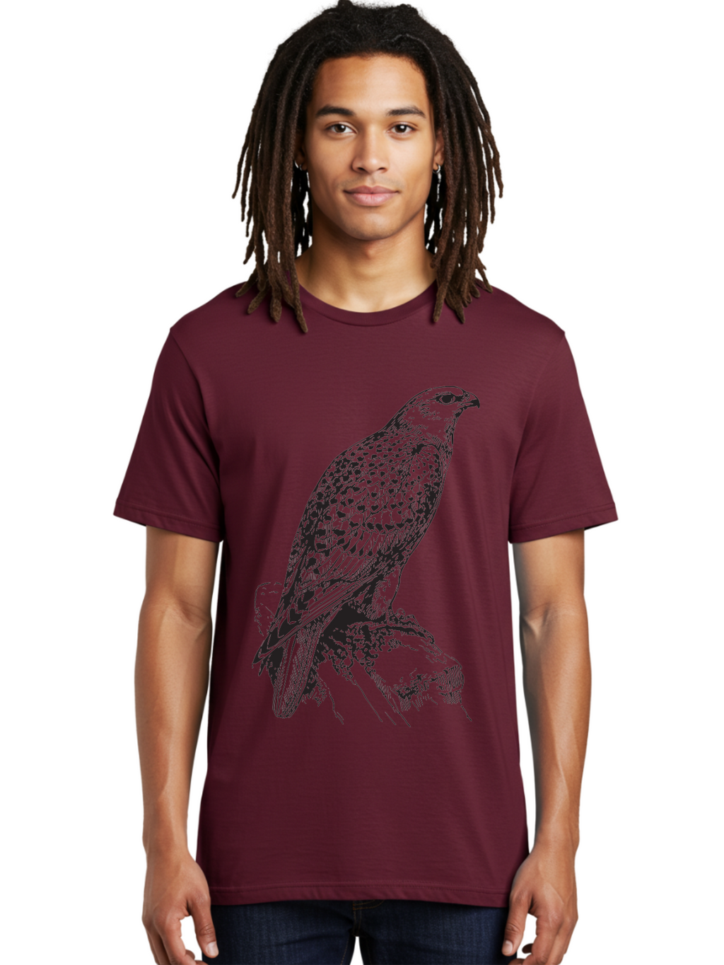 Hawk Men'S Graphic Tee, 100% Cotton, Comfortable Casual Summer Wear, Machine Washable, Bird Of Prey, Hawk Illustration, Spotted Feathers, Sharp Beak, Perched On Branch, Wildlife Art, Raptor, Engraving Style, Majestic Bird, Nature Design Aad896