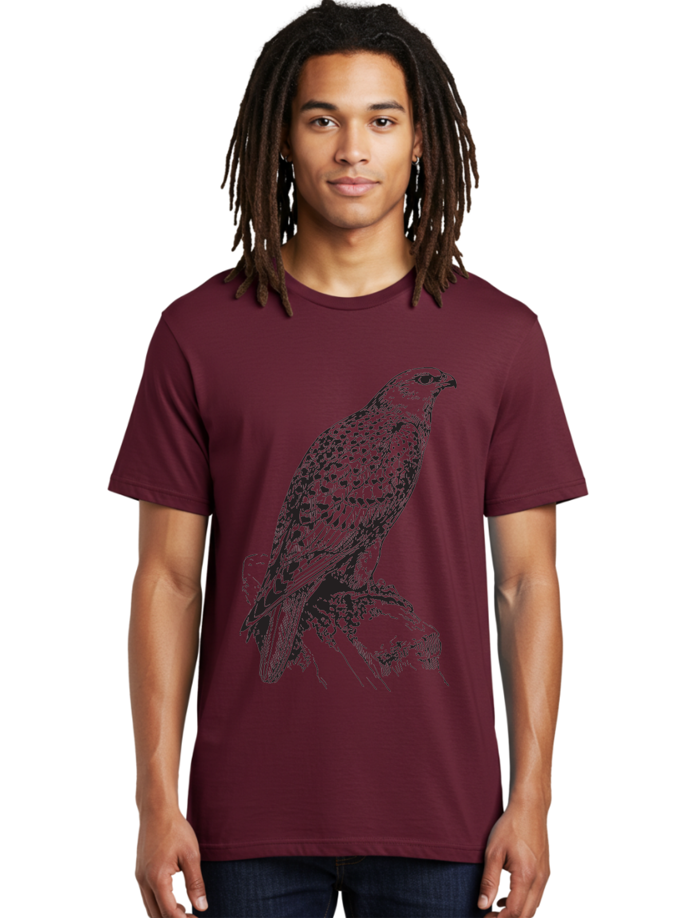Hawk Men'S Graphic Tee, 100% Cotton, Comfortable Casual Summer Wear, Machine Washable, Bird Of Prey, Hawk Illustration, Spotted Feathers, Sharp Beak, Perched On Branch, Wildlife Art, Raptor, Engraving Style, Majestic Bird, Nature Design Aad896