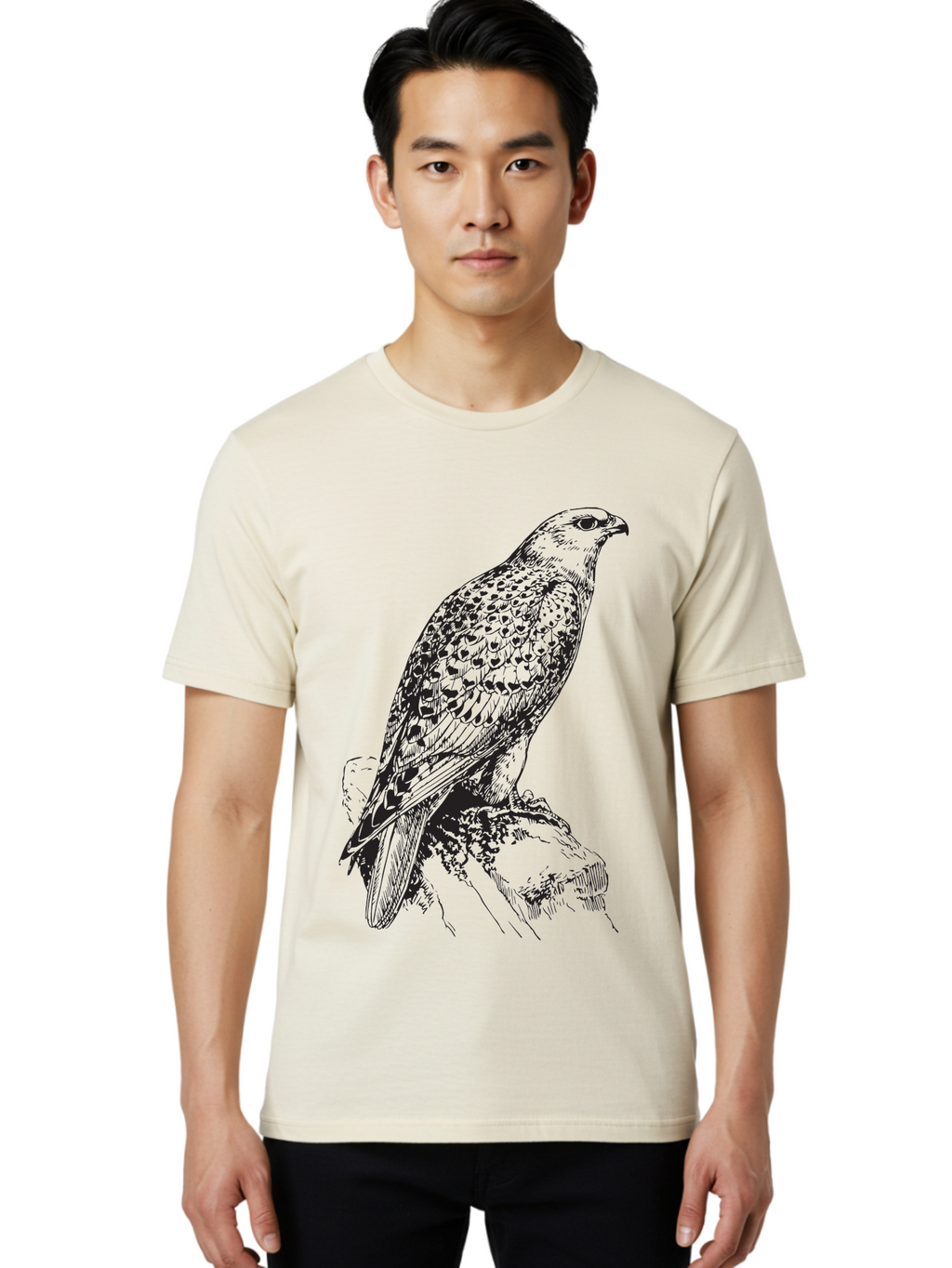 Hawk Men'S Graphic Tee, 100% Cotton, Comfortable Casual Summer Wear, Machine Washable, Bird Of Prey, Hawk Illustration, Spotted Feathers, Sharp Beak, Perched On Branch, Wildlife Art, Raptor, Engraving Style, Majestic Bird, Nature Design Aad896