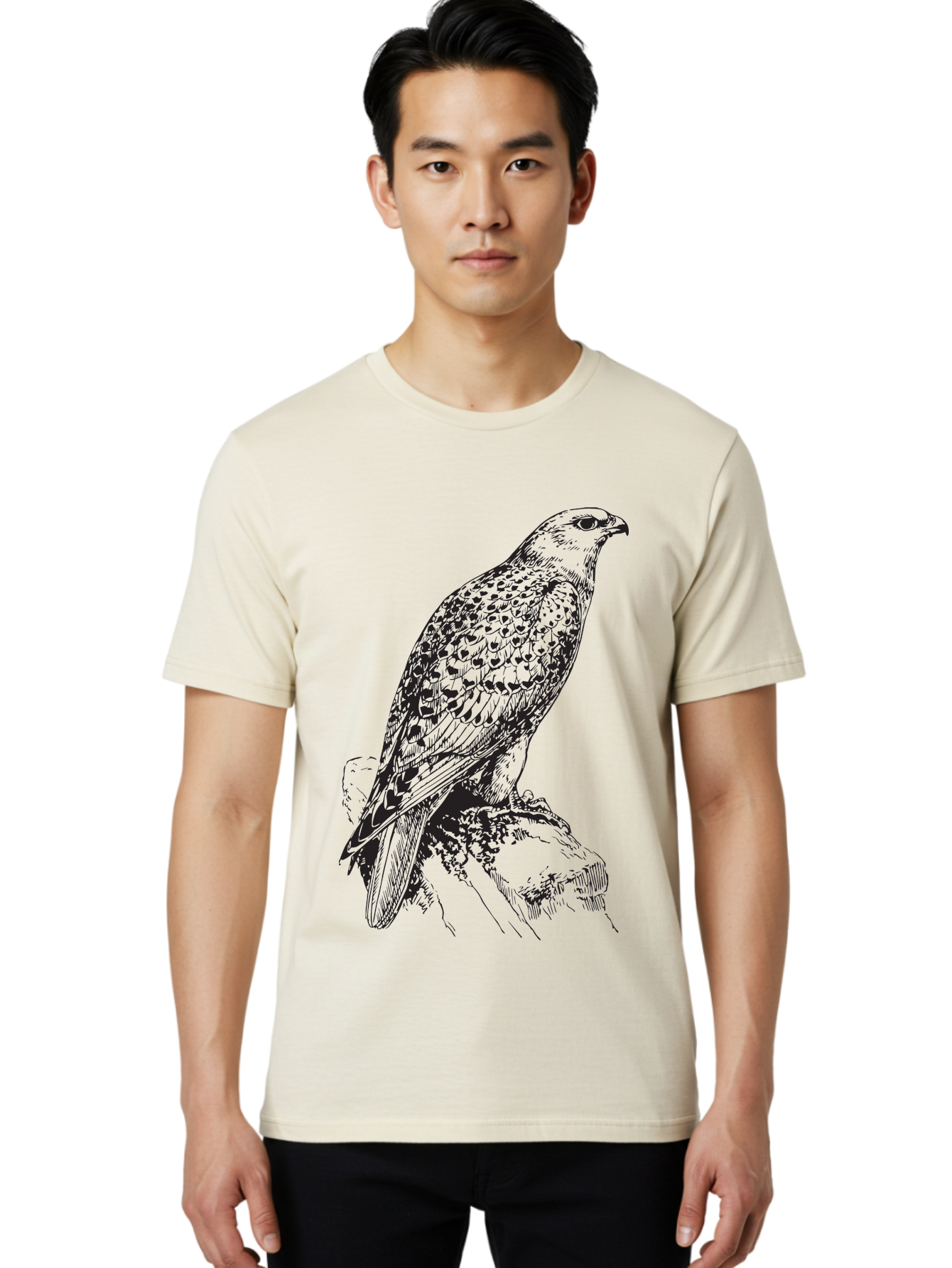 Hawk Men'S Graphic Tee, 100% Cotton, Comfortable Casual Summer Wear, Machine Washable, Bird Of Prey, Hawk Illustration, Spotted Feathers, Sharp Beak, Perched On Branch, Wildlife Art, Raptor, Engraving Style, Majestic Bird, Nature Design Aad896