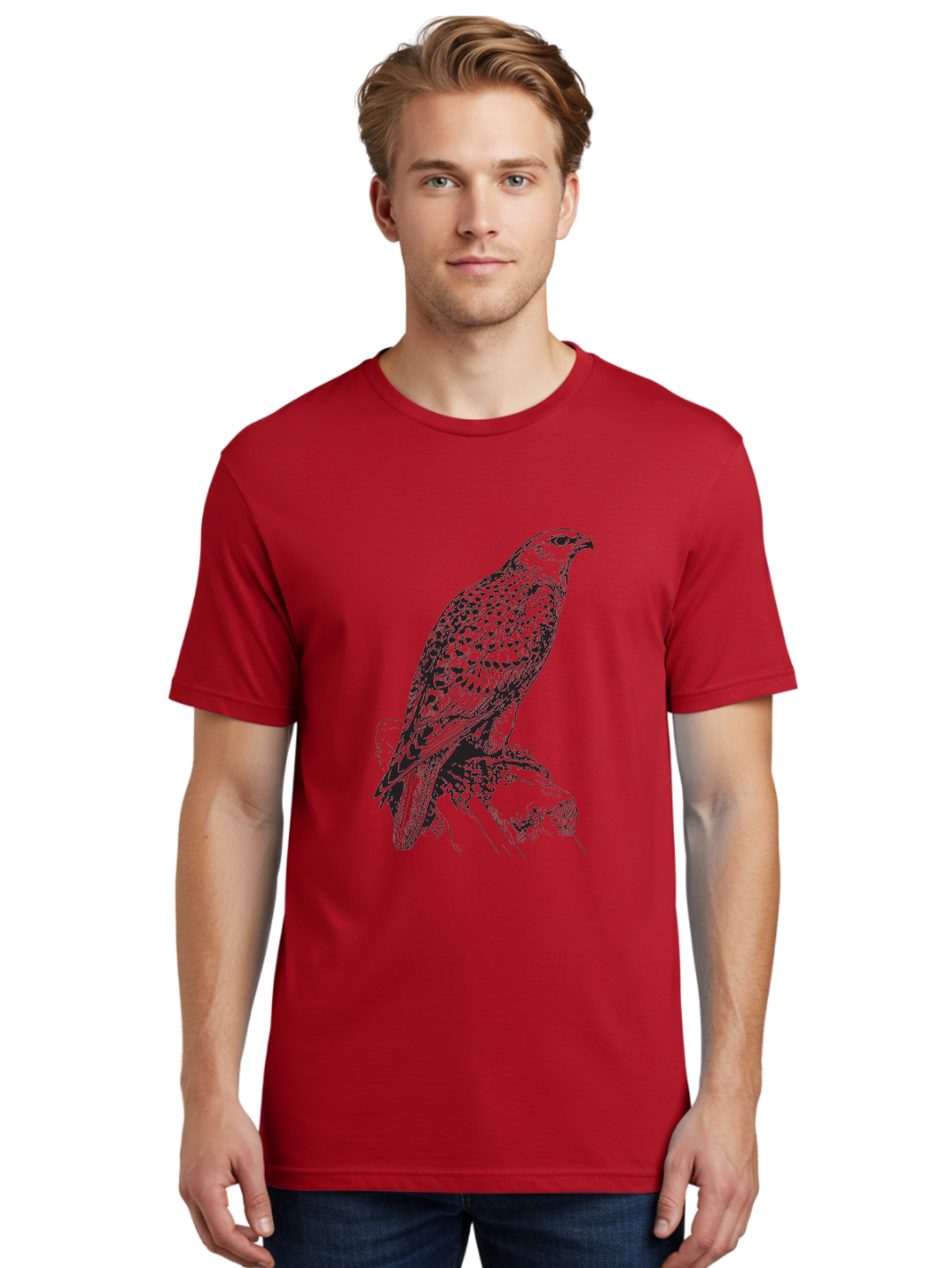 Hawk Men'S Graphic Tee, 100% Cotton, Comfortable Casual Summer Wear, Machine Washable, Bird Of Prey, Hawk Illustration, Spotted Feathers, Sharp Beak, Perched On Branch, Wildlife Art, Raptor, Engraving Style, Majestic Bird, Nature Design Aad896