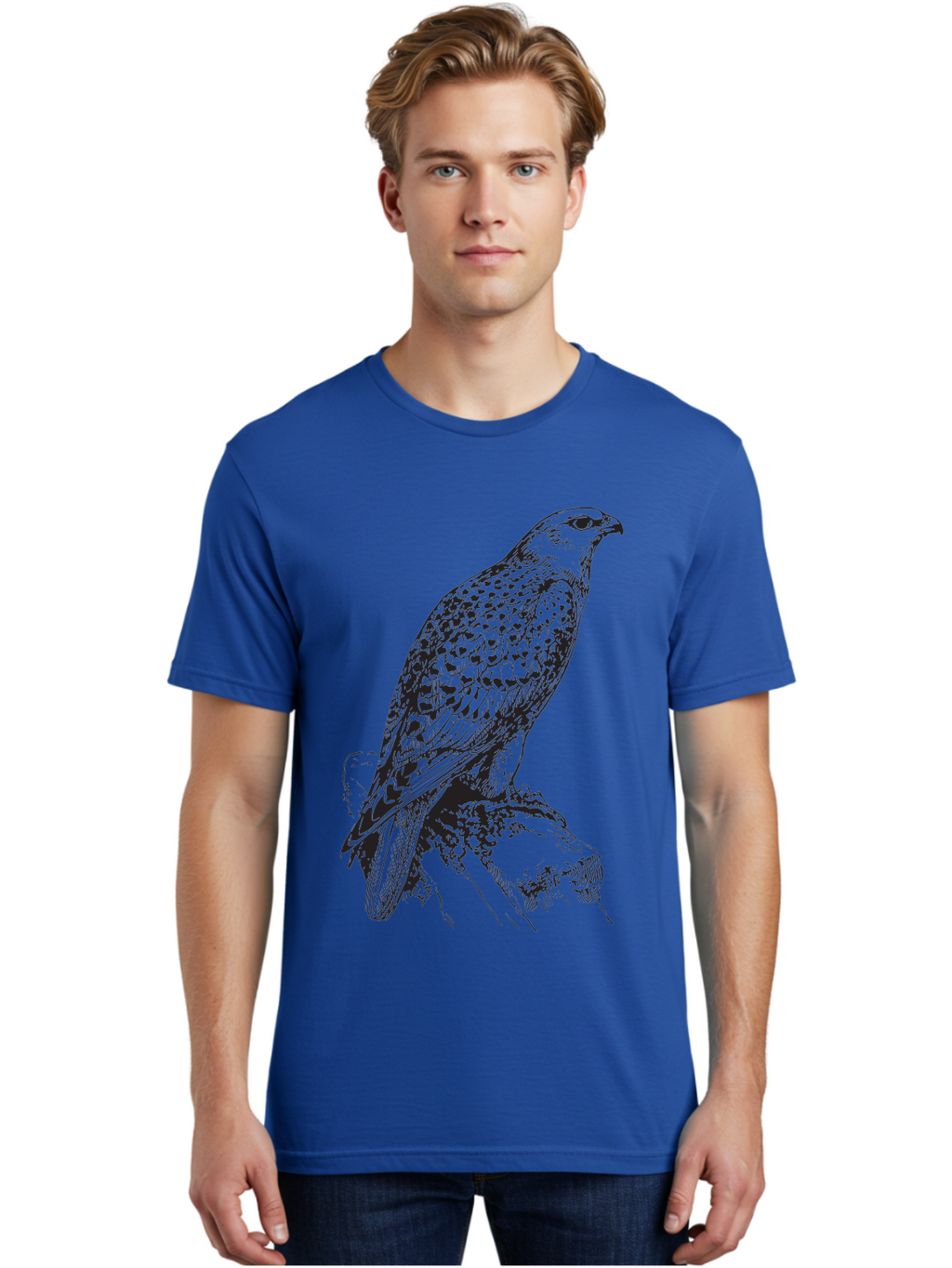 Hawk Men'S Graphic Tee, 100% Cotton, Comfortable Casual Summer Wear, Machine Washable, Bird Of Prey, Hawk Illustration, Spotted Feathers, Sharp Beak, Perched On Branch, Wildlife Art, Raptor, Engraving Style, Majestic Bird, Nature Design Aad896