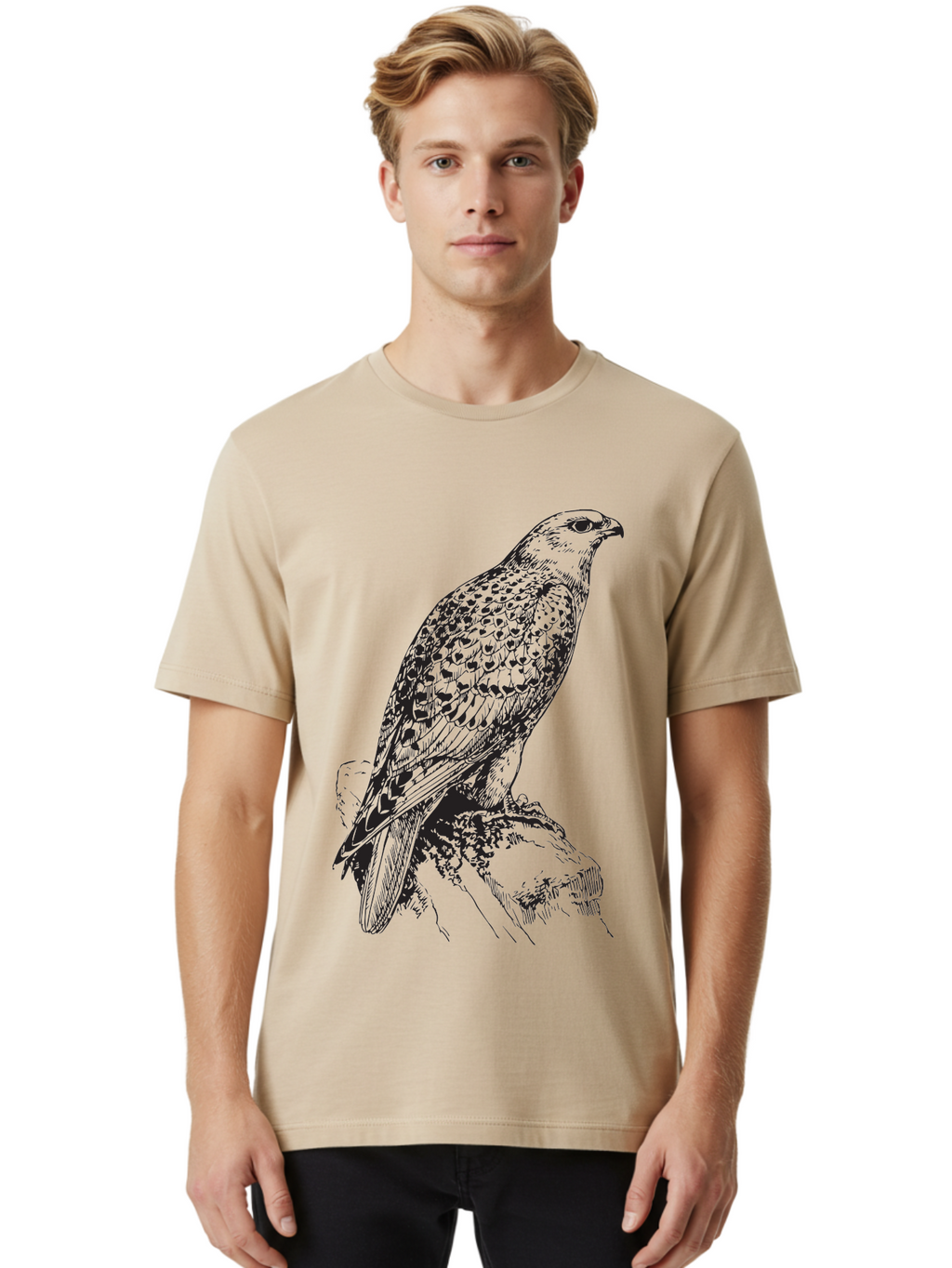 Hawk Men'S Graphic Tee, 100% Cotton, Comfortable Casual Summer Wear, Machine Washable, Bird Of Prey, Hawk Illustration, Spotted Feathers, Sharp Beak, Perched On Branch, Wildlife Art, Raptor, Engraving Style, Majestic Bird, Nature Design Aad896