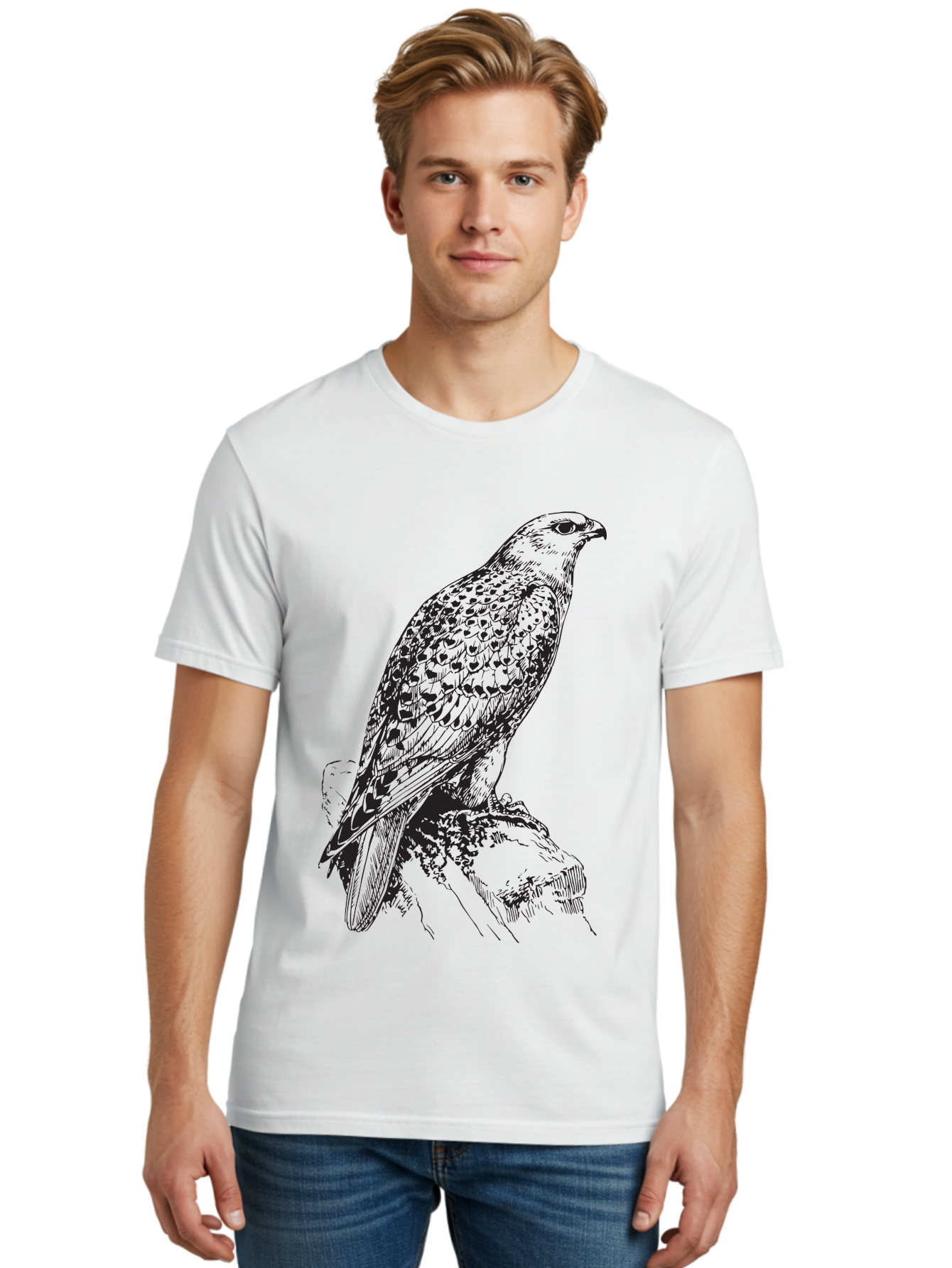 Hawk Men'S Graphic Tee, 100% Cotton, Comfortable Casual Summer Wear, Machine Washable, Bird Of Prey, Hawk Illustration, Spotted Feathers, Sharp Beak, Perched On Branch, Wildlife Art, Raptor, Engraving Style, Majestic Bird, Nature Design Aad896