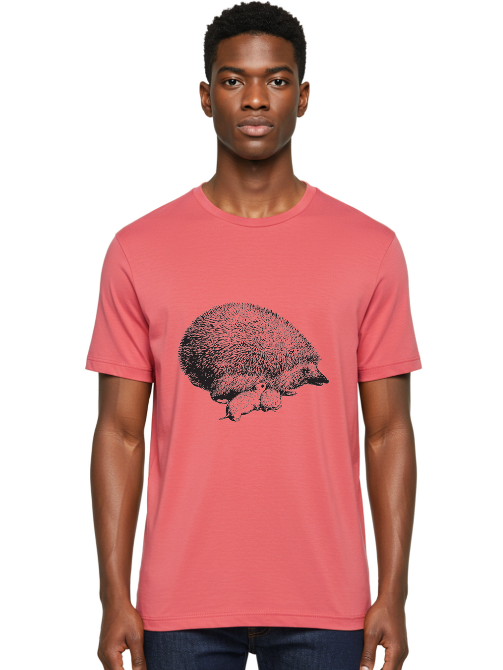 Hedgehog-With-Babies Men'S Graphic Tee, 100% Cotton, Comfortable Casual Summer Wear, Machine Washable, Hedgehog With Babies, Wildlife Illustration, Spiky Texture, Motherly Love, Forest Creatures, Black And Green, Detailed Artwork, Quills Aad897