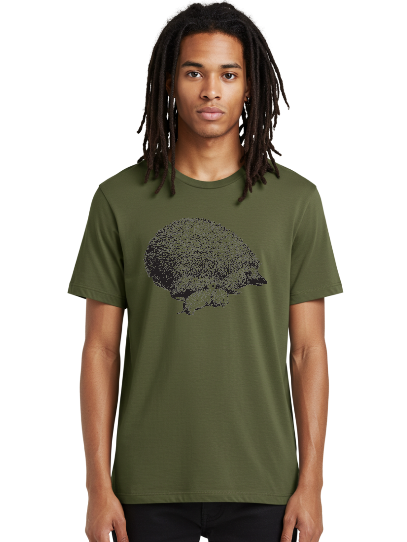 Hedgehog-With-Babies Men'S Graphic Tee, 100% Cotton, Comfortable Casual Summer Wear, Machine Washable, Hedgehog With Babies, Wildlife Illustration, Spiky Texture, Motherly Love, Forest Creatures, Black And Green, Detailed Artwork, Quills Aad897