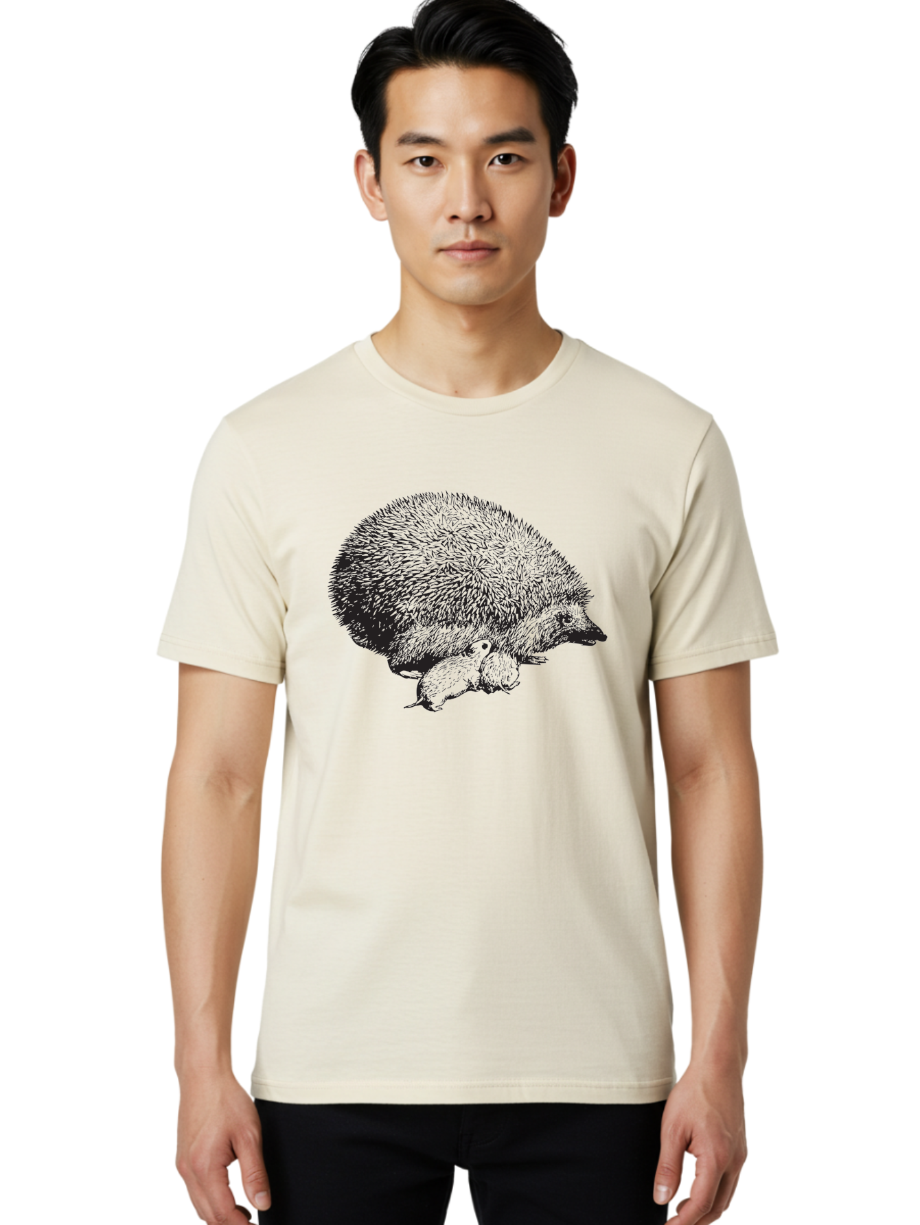 Hedgehog-With-Babies Men'S Graphic Tee, 100% Cotton, Comfortable Casual Summer Wear, Machine Washable, Hedgehog With Babies, Wildlife Illustration, Spiky Texture, Motherly Love, Forest Creatures, Black And Green, Detailed Artwork, Quills Aad897