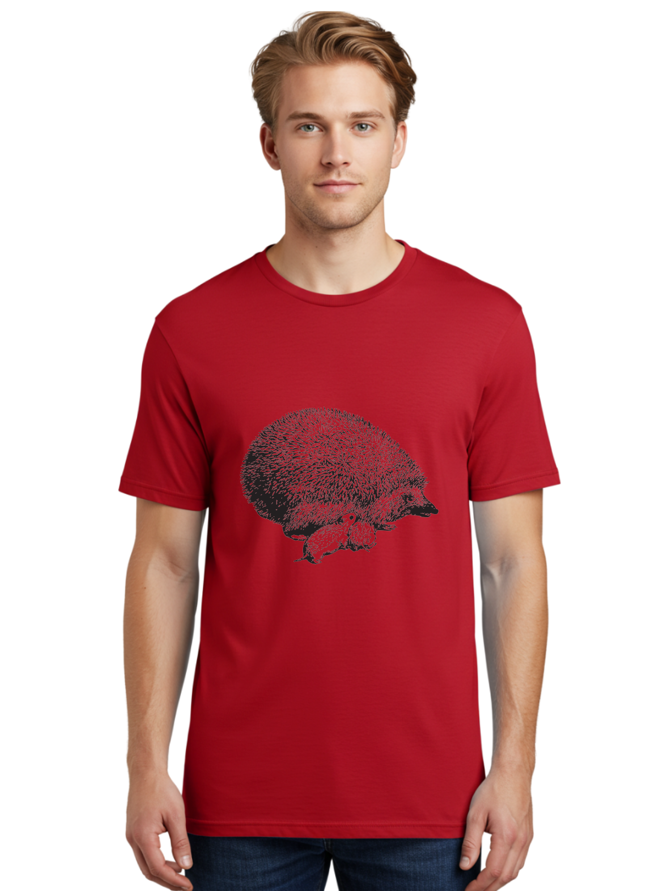 Hedgehog-With-Babies Men'S Graphic Tee, 100% Cotton, Comfortable Casual Summer Wear, Machine Washable, Hedgehog With Babies, Wildlife Illustration, Spiky Texture, Motherly Love, Forest Creatures, Black And Green, Detailed Artwork, Quills Aad897