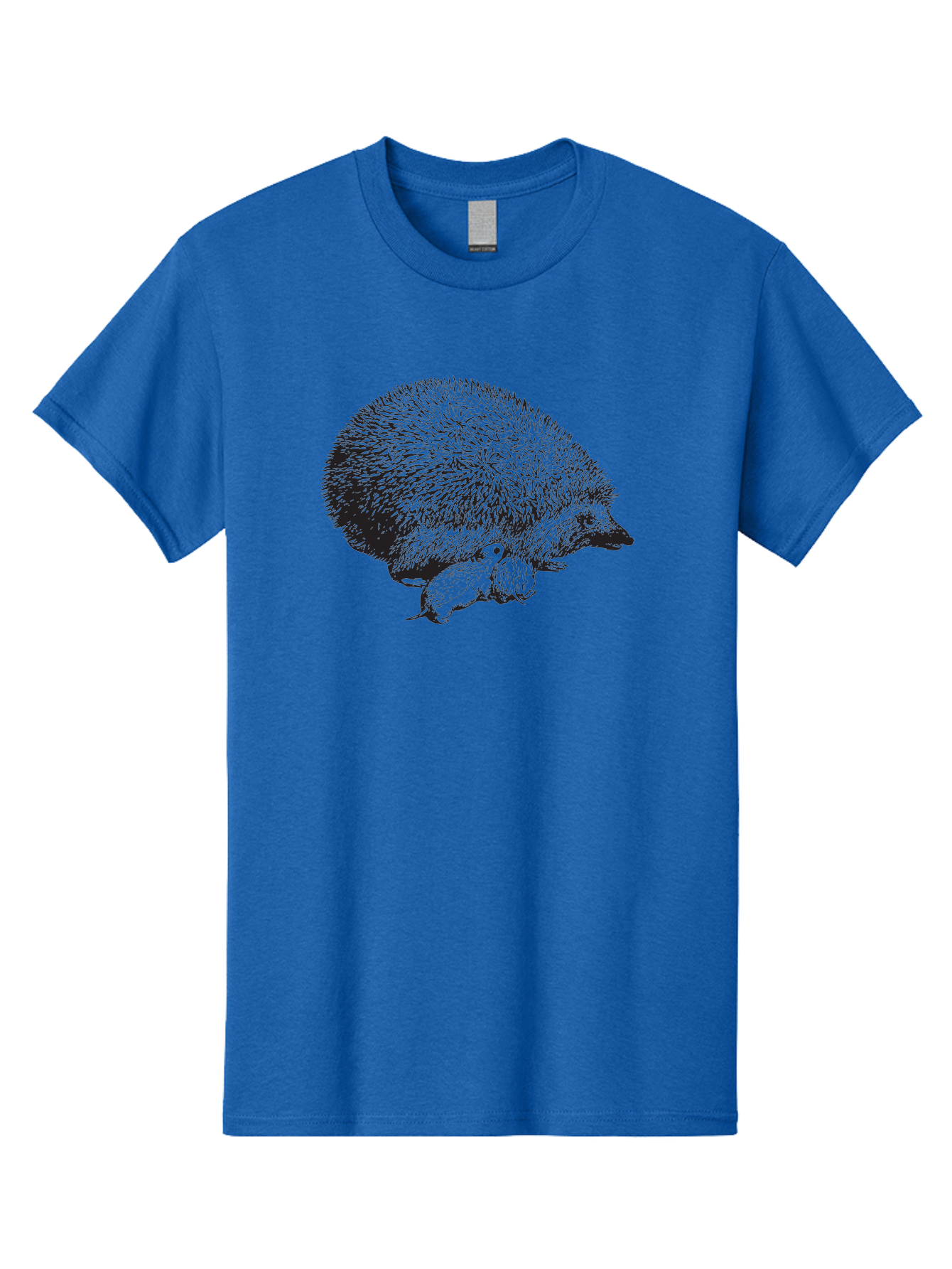 Hedgehog-With-Babies Men'S Graphic Tee, 100% Cotton, Comfortable Casual Summer Wear, Machine Washable, Hedgehog With Babies, Wildlife Illustration, Spiky Texture, Motherly Love, Forest Creatures, Black And Green, Detailed Artwork, Quills Aad897