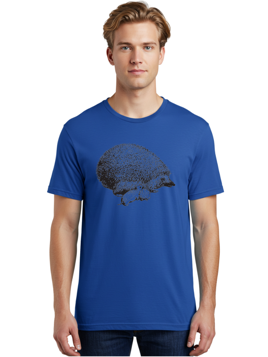 Hedgehog-With-Babies Men'S Graphic Tee, 100% Cotton, Comfortable Casual Summer Wear, Machine Washable, Hedgehog With Babies, Wildlife Illustration, Spiky Texture, Motherly Love, Forest Creatures, Black And Green, Detailed Artwork, Quills Aad897