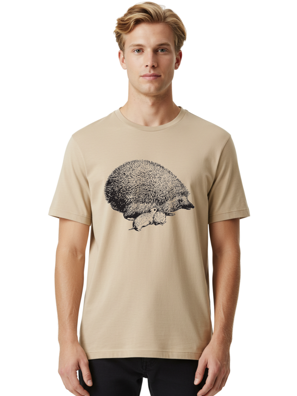 Hedgehog-With-Babies Men'S Graphic Tee, 100% Cotton, Comfortable Casual Summer Wear, Machine Washable, Hedgehog With Babies, Wildlife Illustration, Spiky Texture, Motherly Love, Forest Creatures, Black And Green, Detailed Artwork, Quills Aad897