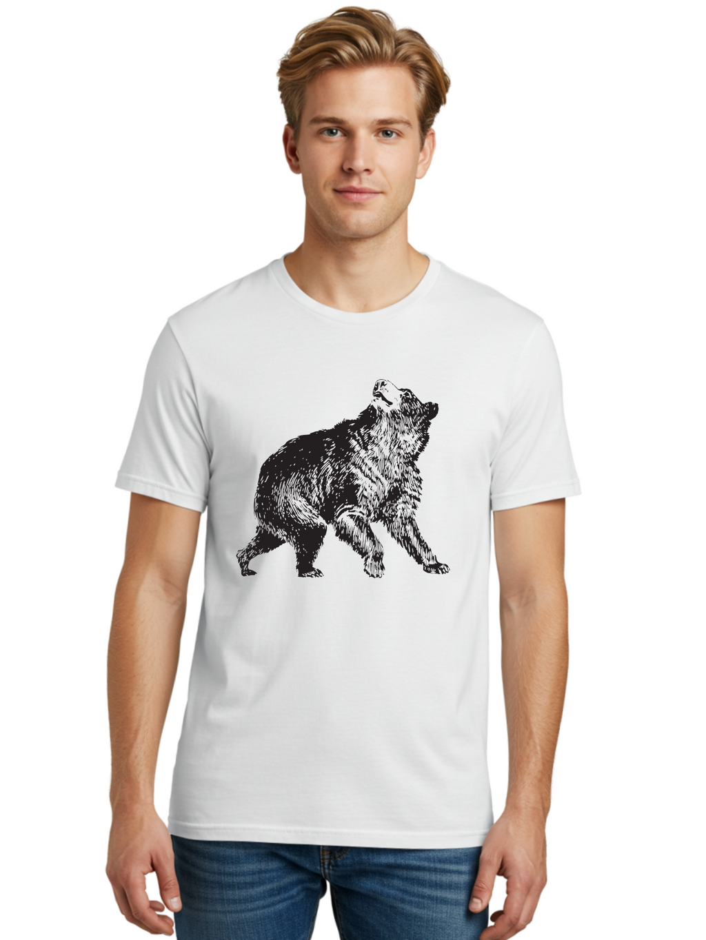 Howling-Wolf Men'S Graphic Tee, 100% Cotton, Comfortable Casual Summer Wear, Machine Washable, Bear Howling, Wild Animal, Wildlife Conservation, Furry Mammal, Roaring Bear, Animal Illustration, Wildlife Art Aad899