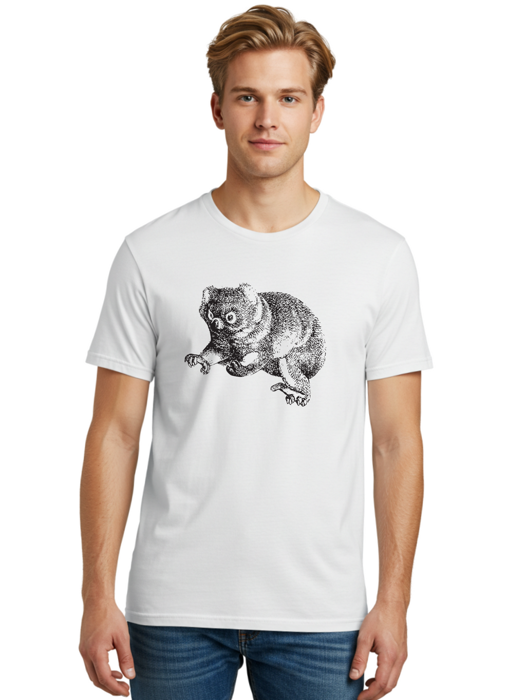 Koala Men'S Graphic Tee, 100% Cotton, Comfortable Casual Summer Wear, Machine Washable, Koala Illustration, Marsupial Animal, Wildlife Art, Australian Native, Cute Creature, Sketch Drawing, Detailed Texture, Furry Mammal, Wildlife Conservation Aad903