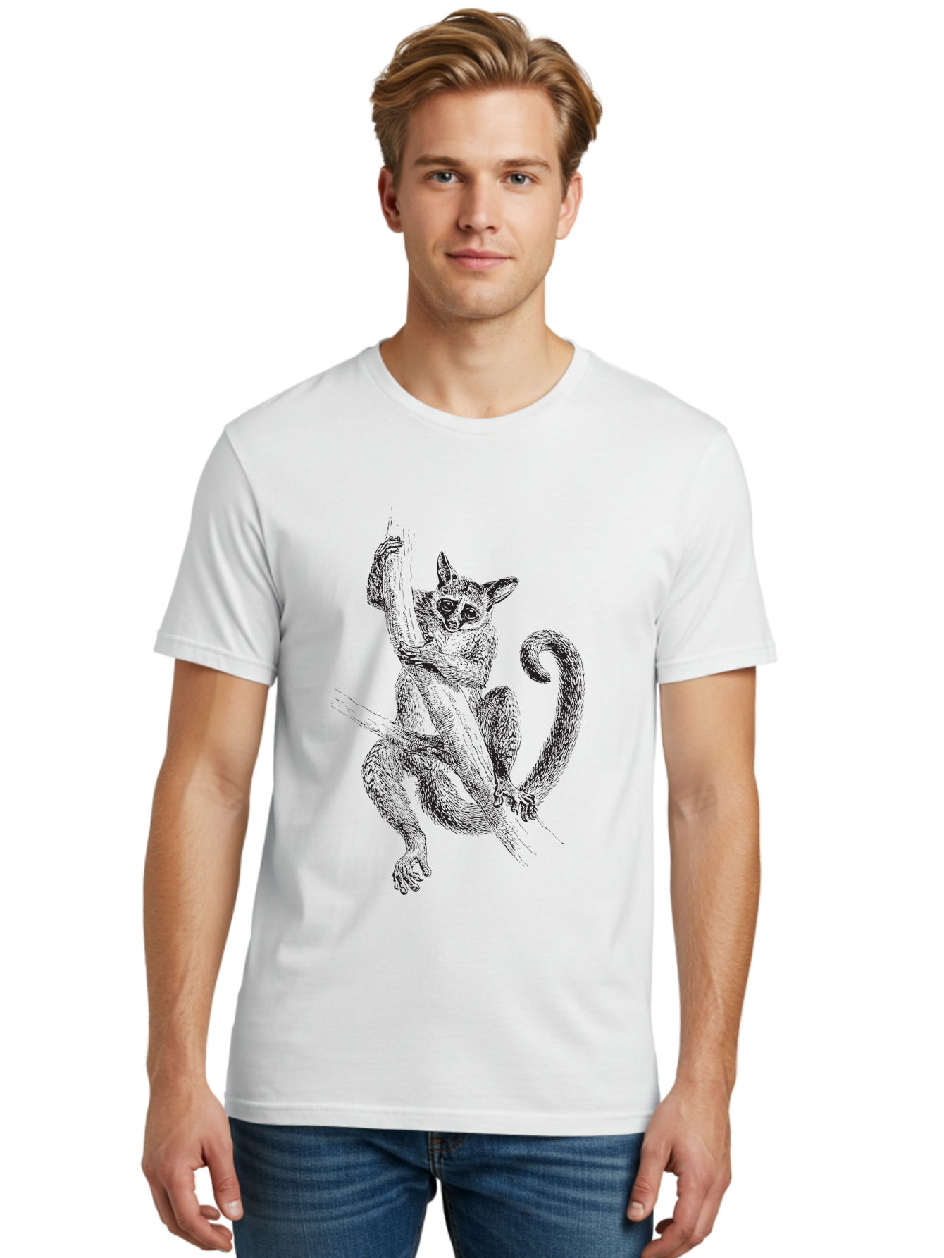 Lemur-Sketch Men'S Graphic Tee, 100% Cotton, Comfortable Casual Summer Wear, Machine Washable, Lemur Hanging From Tree Branch, Wild Animal, Primate, Tropical Forest, Agile Creature, Detailed Illustration, Wildlife Art, Exotic Species, Aad905