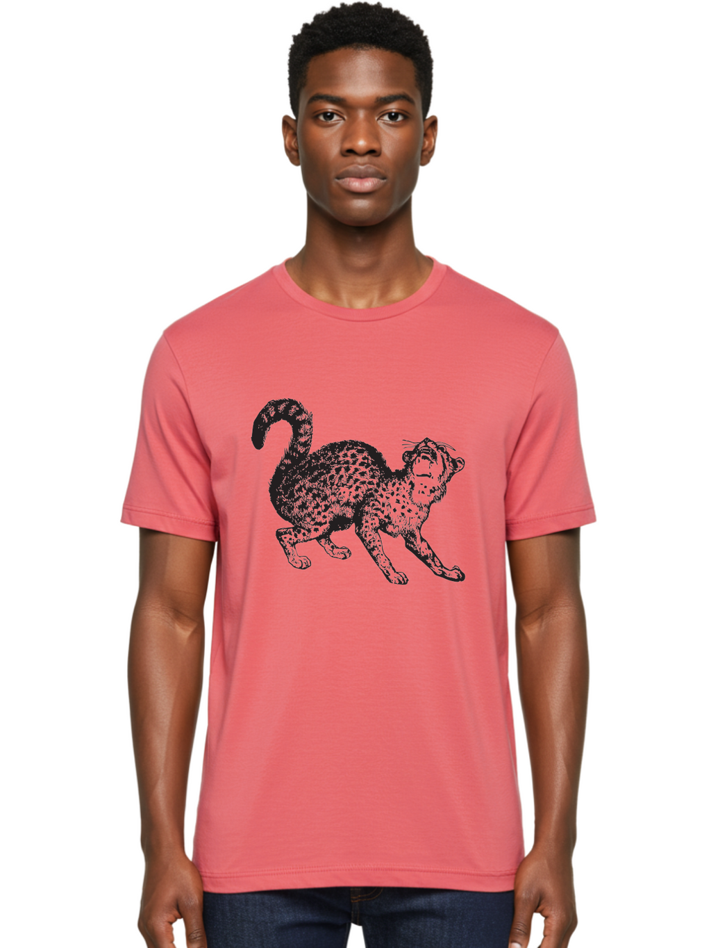 Leopard-1 Men'S Graphic Tee, 100% Cotton, Comfortable Casual Summer Wear, Machine Washable, Leopard, Spotted Fur, Wild Cat, Black Illustration, Dynamic Pose, Wildlife Art, Feline, Animal Graphic, Spotted Pattern Aad906