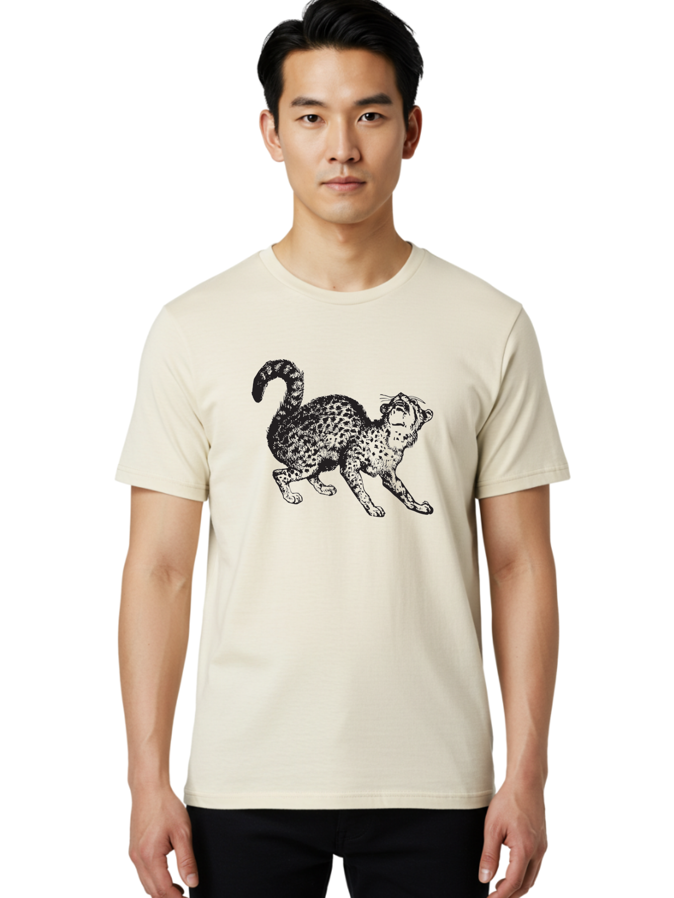 Leopard-1 Men'S Graphic Tee, 100% Cotton, Comfortable Casual Summer Wear, Machine Washable, Leopard, Spotted Fur, Wild Cat, Black Illustration, Dynamic Pose, Wildlife Art, Feline, Animal Graphic, Spotted Pattern Aad906