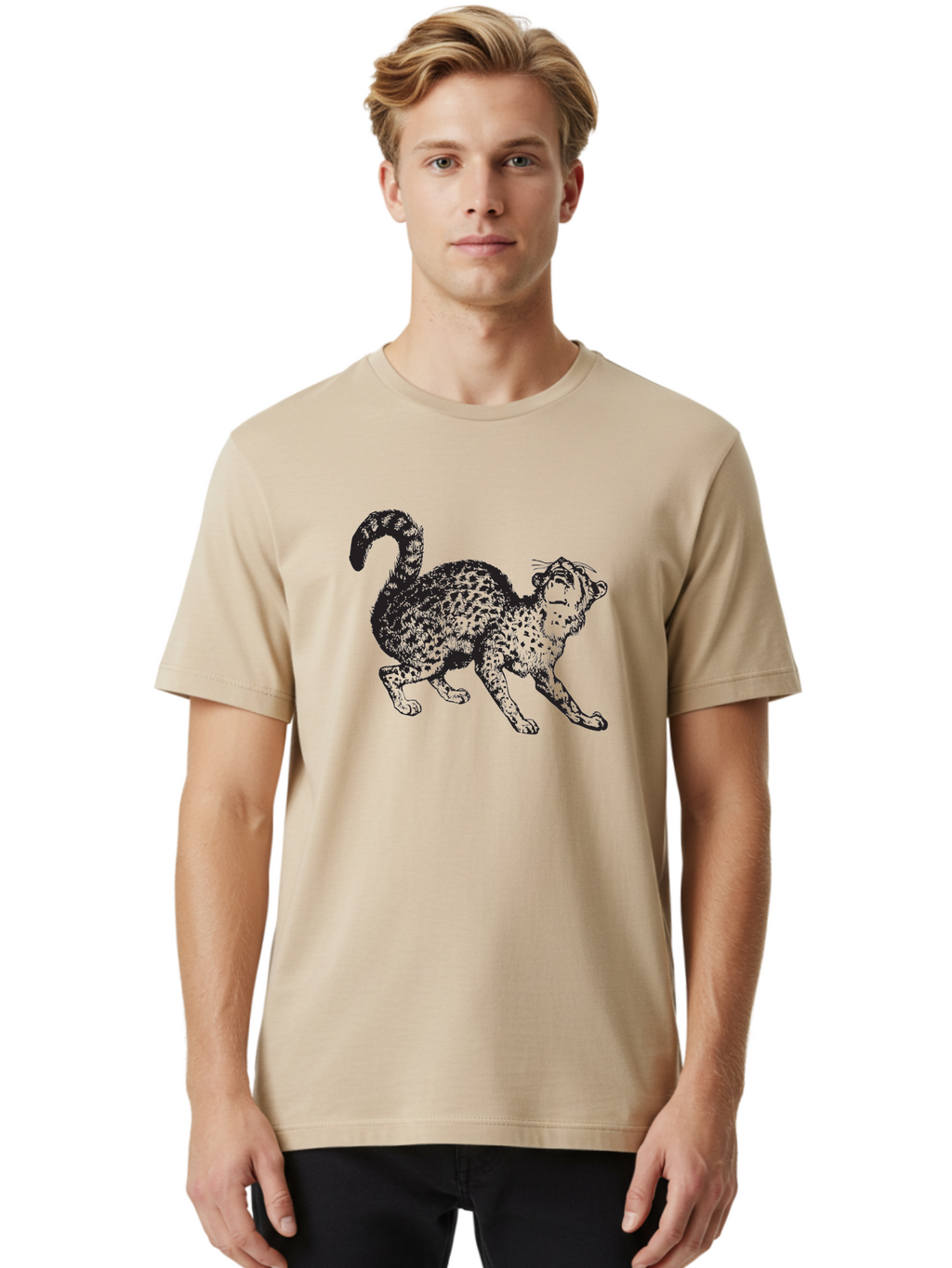Leopard-1 Men'S Graphic Tee, 100% Cotton, Comfortable Casual Summer Wear, Machine Washable, Leopard, Spotted Fur, Wild Cat, Black Illustration, Dynamic Pose, Wildlife Art, Feline, Animal Graphic, Spotted Pattern Aad906