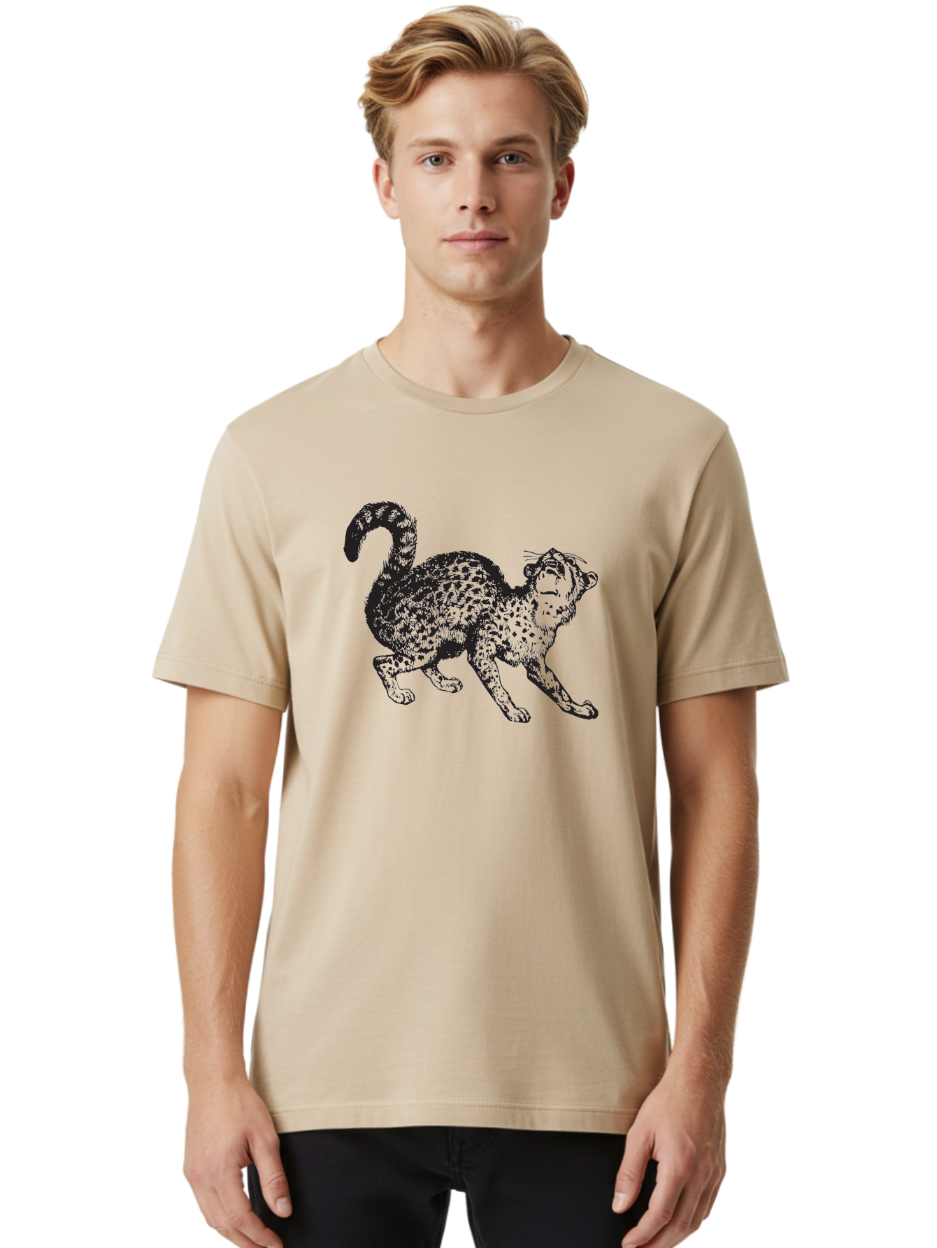 Leopard-1 Men'S Graphic Tee, 100% Cotton, Comfortable Casual Summer Wear, Machine Washable, Leopard, Spotted Fur, Wild Cat, Black Illustration, Dynamic Pose, Wildlife Art, Feline, Animal Graphic, Spotted Pattern Aad906