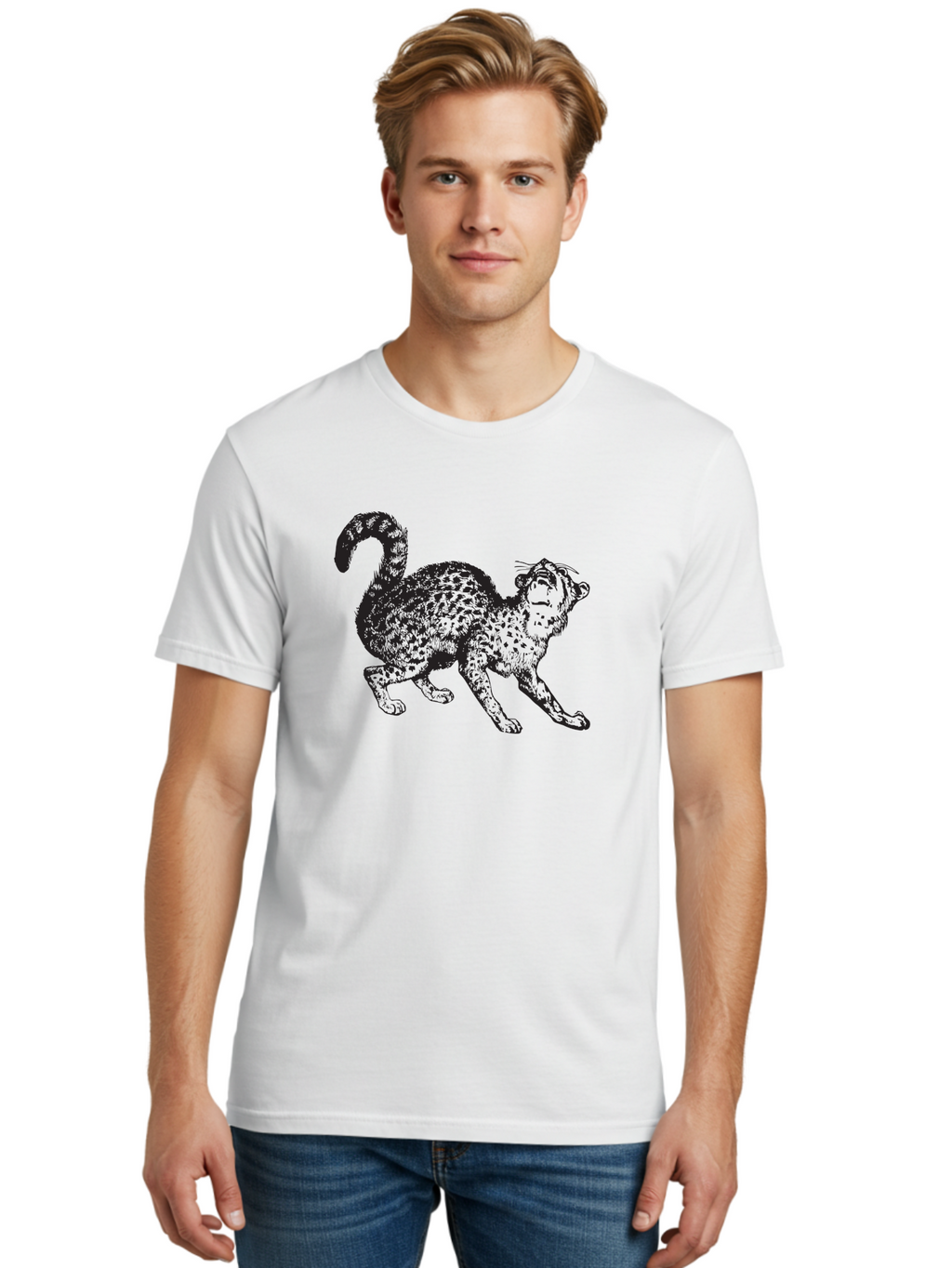Leopard-1 Men'S Graphic Tee, 100% Cotton, Comfortable Casual Summer Wear, Machine Washable, Leopard, Spotted Fur, Wild Cat, Black Illustration, Dynamic Pose, Wildlife Art, Feline, Animal Graphic, Spotted Pattern Aad906